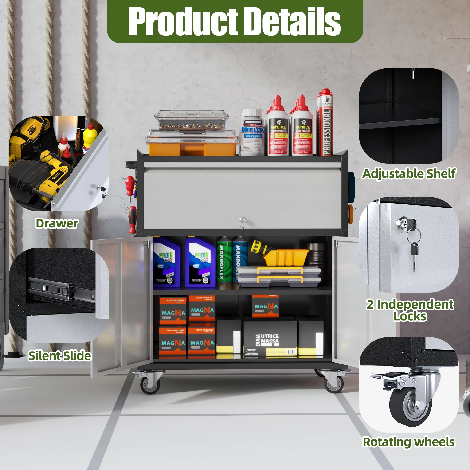 Gaeanet Rolling Tool Storage Cabinet with 5 Adjustable Shelves and Pegboard,Metal Garage Storage Cabinet with Wheels for Garage Home Office Utility Room,71" H-32" W-16" D,Required Assembly, Black - Image 81