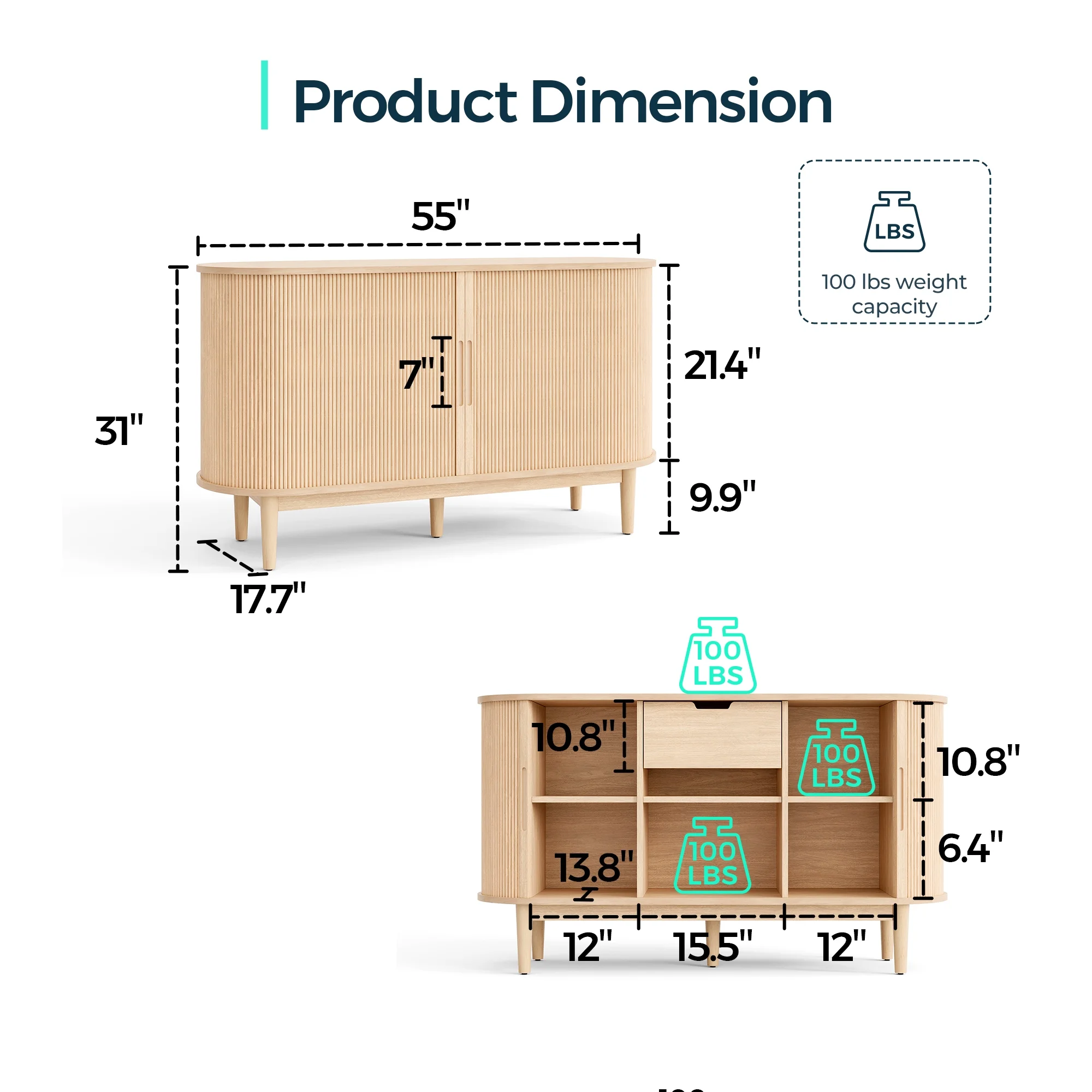 LINSY HOME Fluted Pantry Storage Cabinet, Kitchen Cabinets with Sliding Tambour Door, Wide Storage Cabinet with Removable & Adjustable Shelves for Dining Room, Living Room, Bathroom, Oak - Image 2
