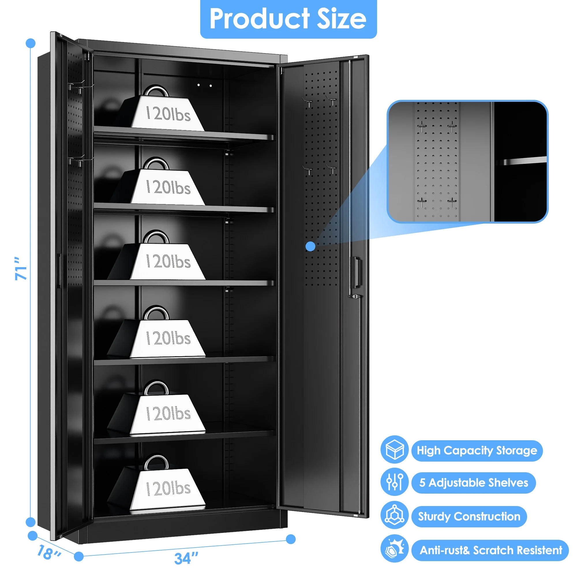 GAEANET 2 Door Metal Storage Cabinet with 5 Adjustable Shelves &Pegboard, 71" H-32" W-16" D Locking Steel Garage Cabinet, for Garage,Office,Home,Gym,School, File Cabinet,Assembly Required, Black - Image 54