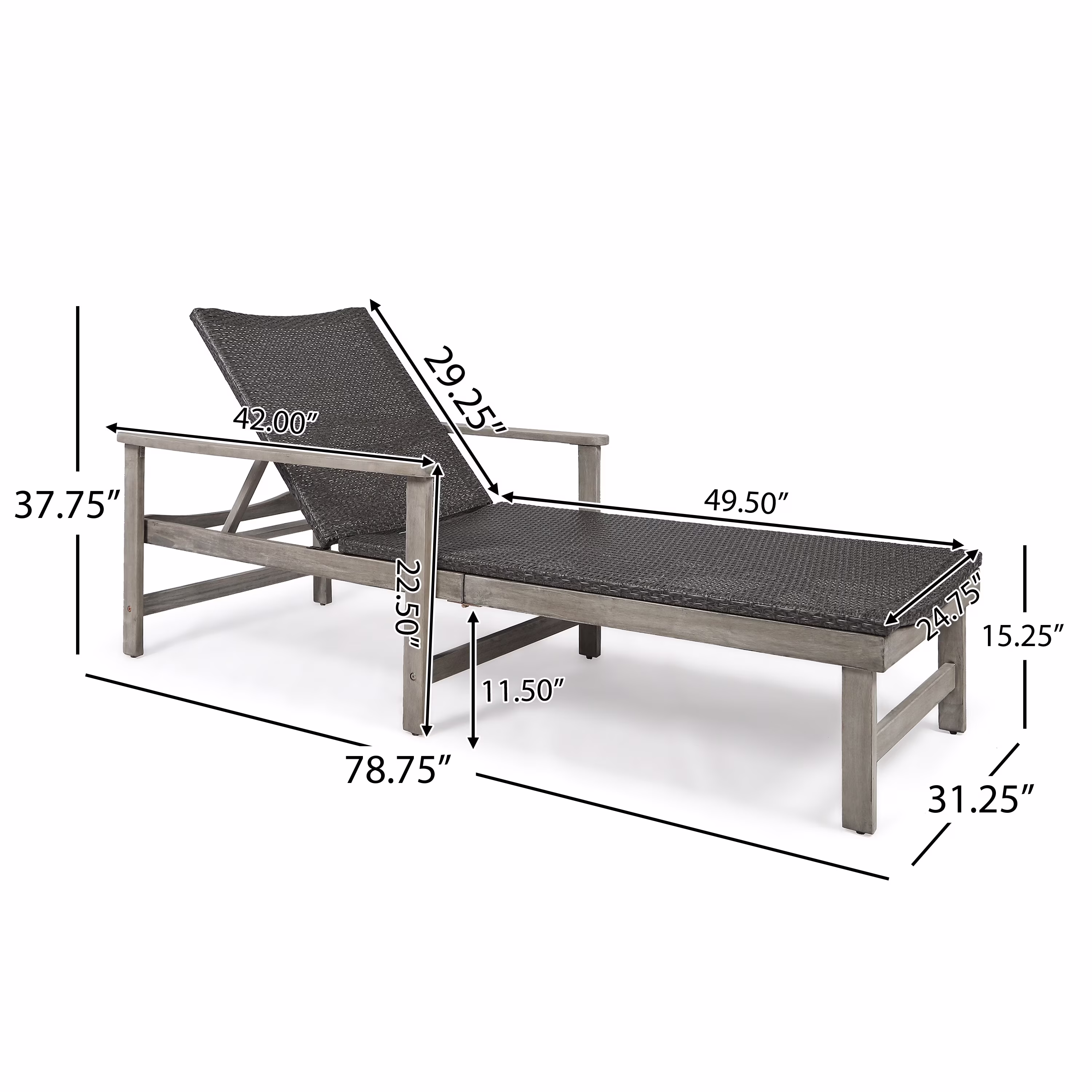 Christopher Knight Home Hampton Outdoor Rustic Acacia Wood Chaise Lounge with Wicker Seating by mixed black, light gray wash