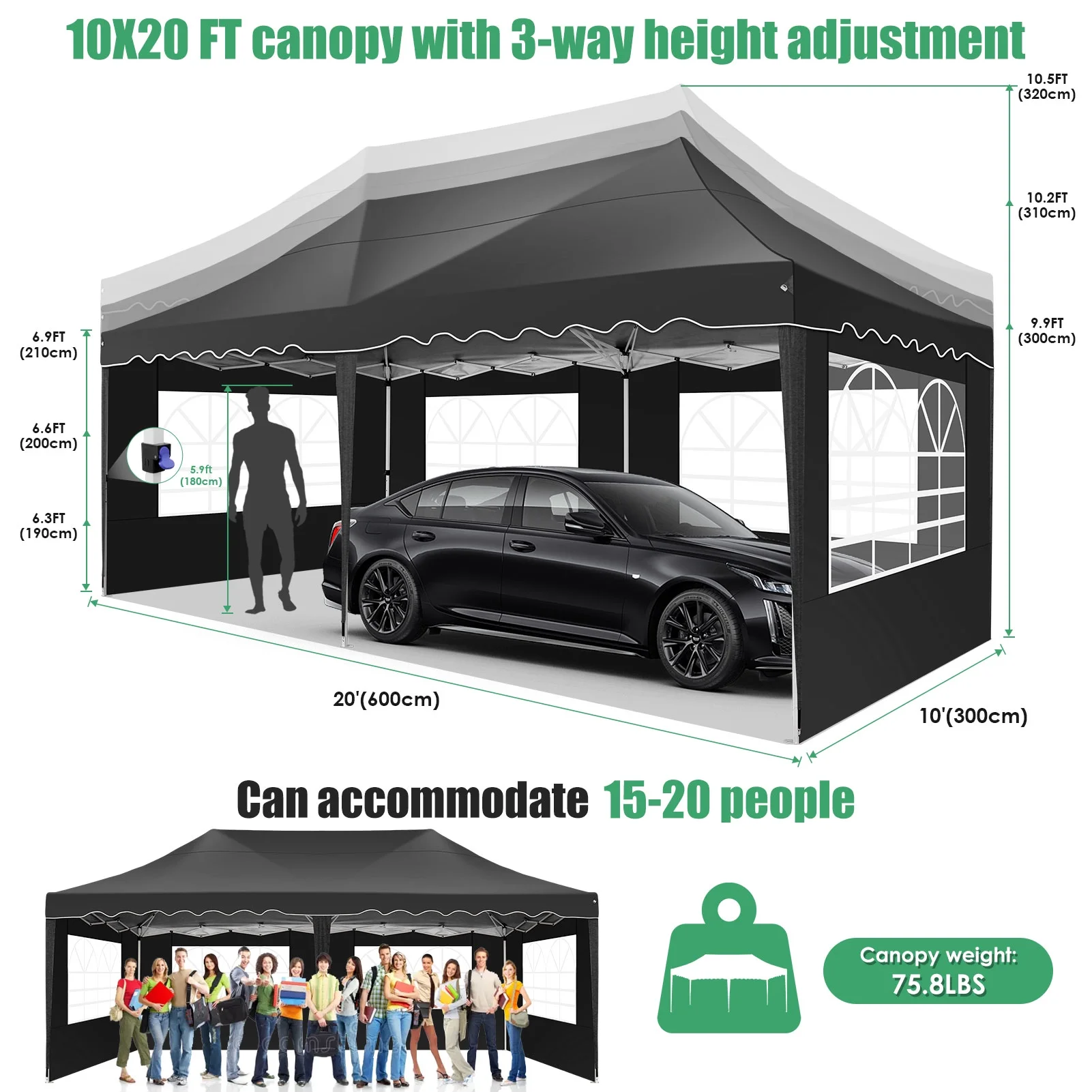SANOPY 10' x 20' Pop up Canopy Party Tent with 6 Removable Sidewalls, Wave Eave Outdoor Waterproof Patio Gazebo Tent with Carry Bag, Backyards Camping Picnics, Black - Image 6