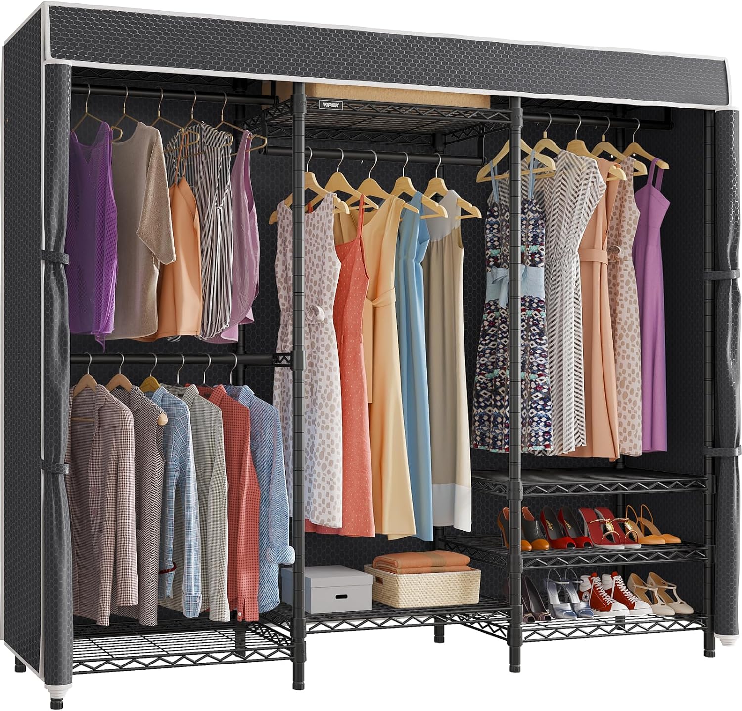 V5C Heavy Duty Covered Clothes Rack Portable Closet Rack, Black Metal Clothing Rack with Black Upgraded Polyester Cover, Adjustable Custom Freestanding Closet Wardrobe, Max Load 800LBS