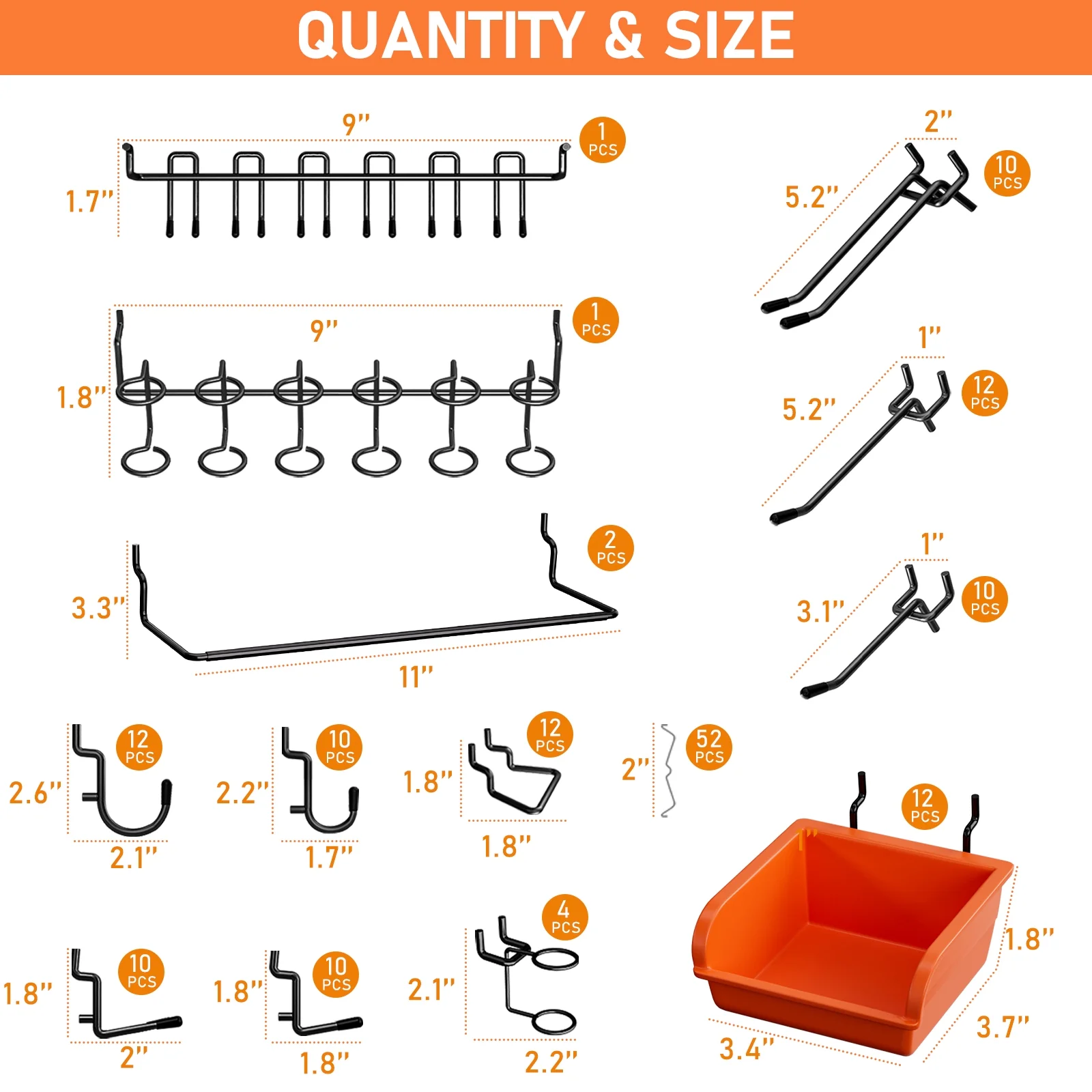 INCLY 48x24 Inch Metal Peg Board Kit with 1/4" Pegboard Hooks Accessories, 160PCS Black Pegboard Wall Organizer Pegboard Panels Tool Organizer Storage System for Garage Workbench Shed - Image 3