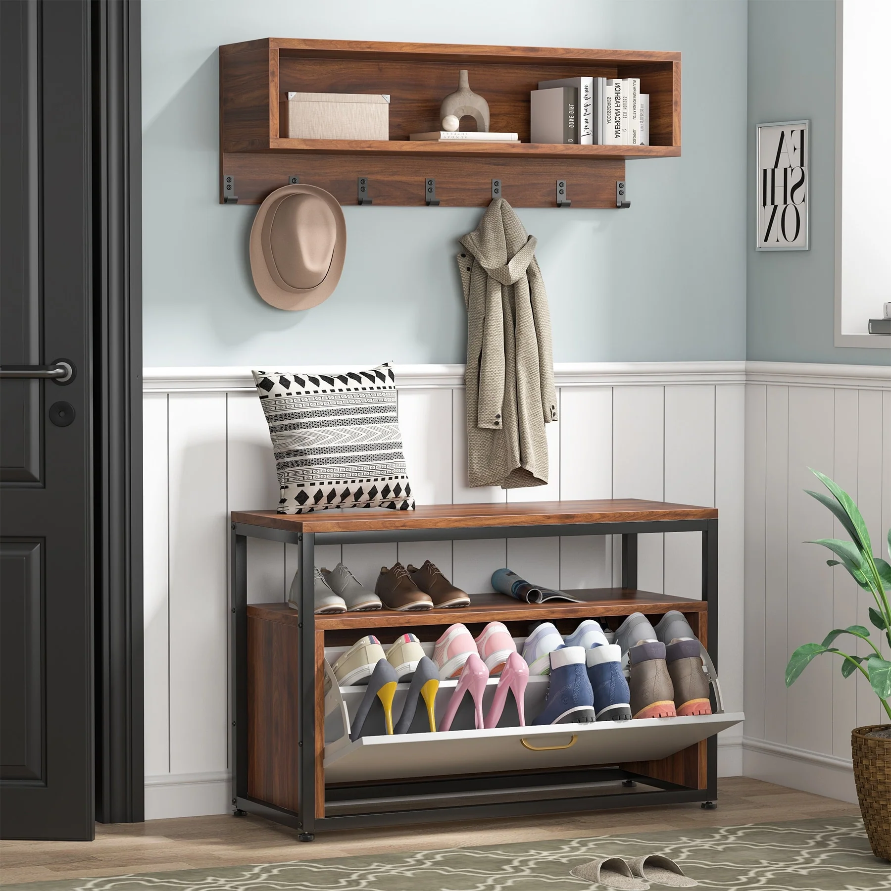 Entryway Coat Rack and Shoe Bench Set, Industrial Hall Tree with Coat and Shoe Storage - Image 18