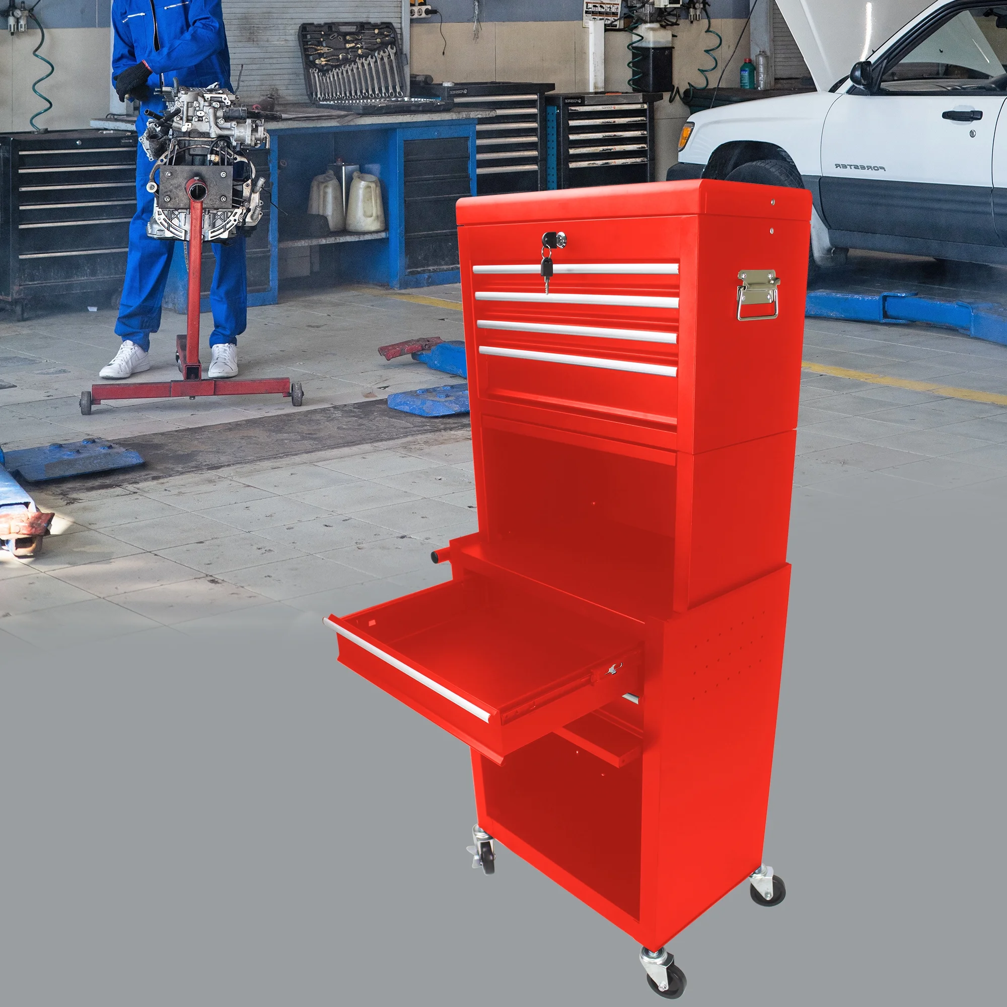 NIGSQJB 3-In-1 Tool Chest on Wheels with 6 Drawers, 52"H Tool Storage Cabinet with Auto Locking System,Detachable Top,Tool Box Organizer for Garage,Workshop,Repair Shop,DIY, Red - Image 13
