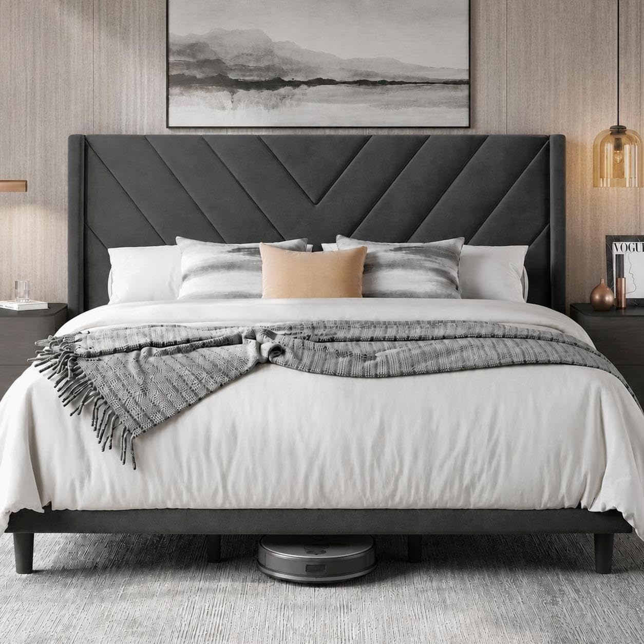 Twin Bed Frame with Chevron Channel-Tufted Headboard, Light Gray - Image 5