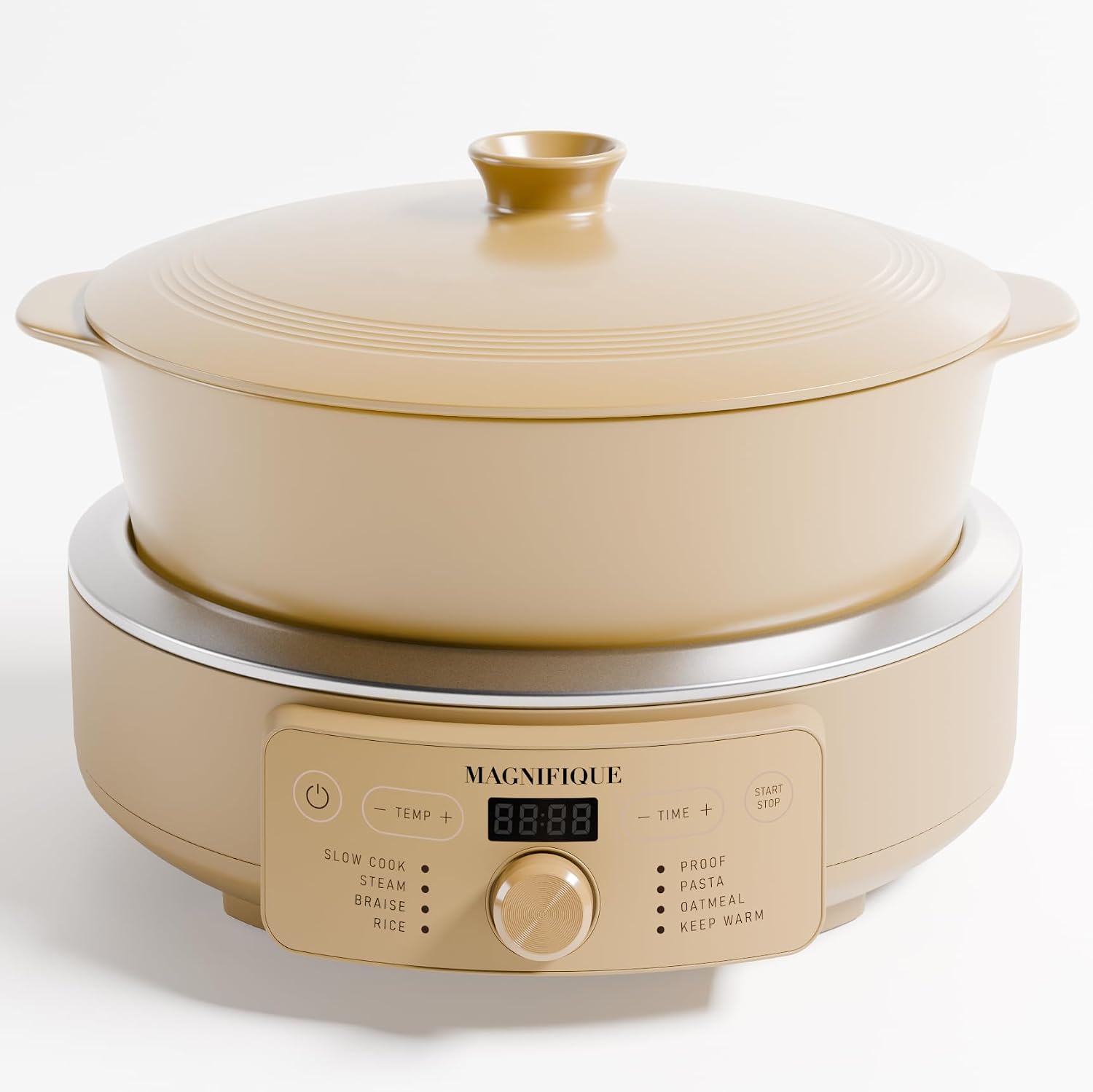4.5 Quart Slow Cooker, 8-in-1 Casserole Programmable Round Multi-Cooker, Non-Toxic Clay pot Slow Cooker for Rice, Pasta, Steam & Proof, Oven Safe Pot to 500&deg;F, Brown