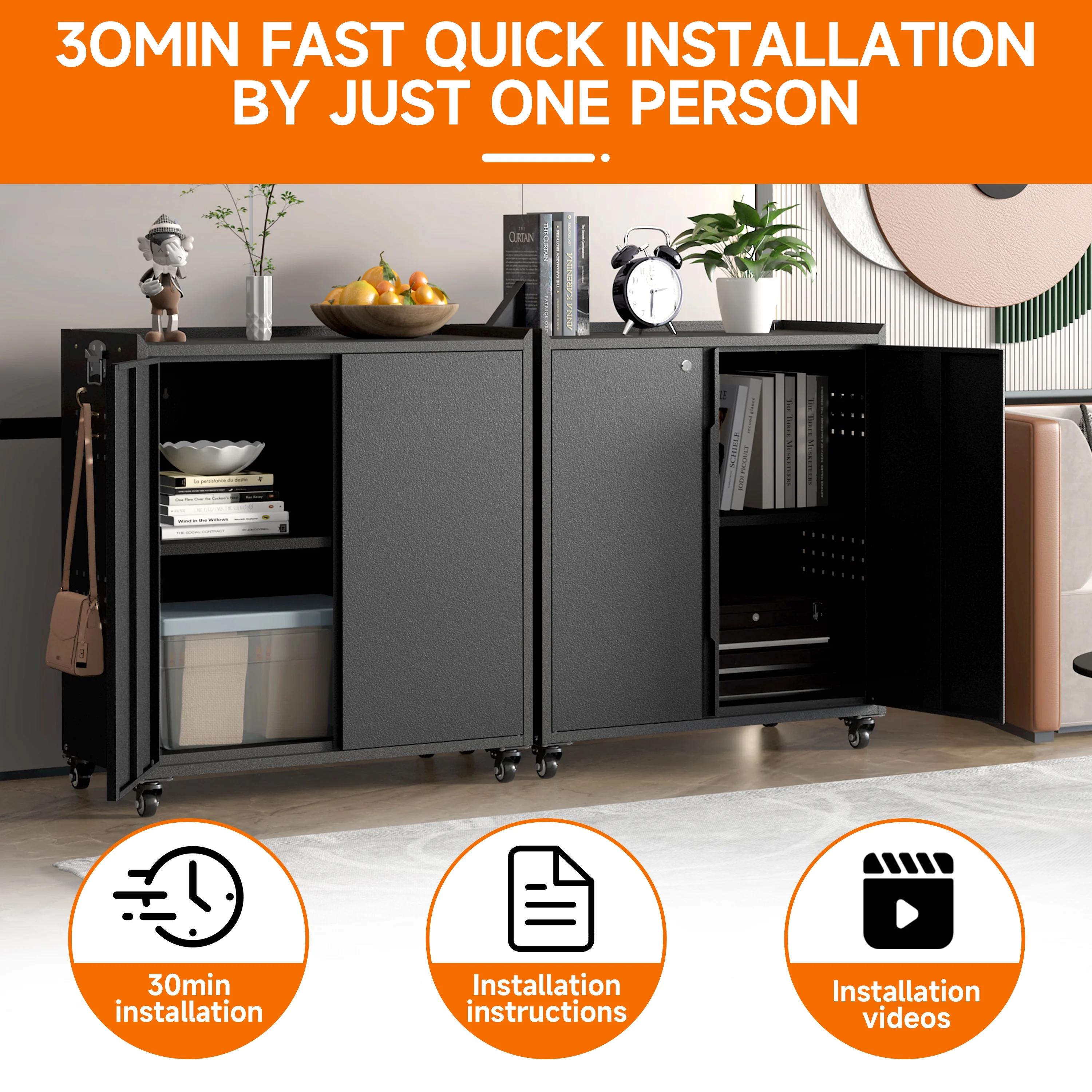 Metal Storage Cabinet with Wheels,Tool Storage Cabinet with Doors and Shelves Adjustable,Heavy Duty Garage Storage Cabinet,Steel Locking Storage Cabinet for Garage/Warehouse/Office/School/Home-Black - Image 8