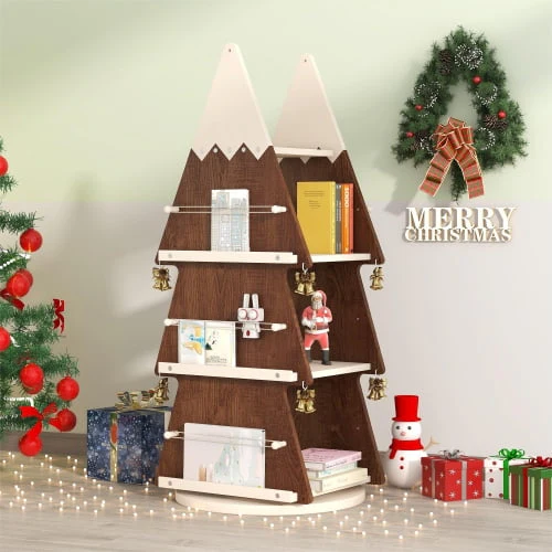 Christmas Rotating Bookshelf Wooden Storage Rack for Kids Room 360° Display Organizer for Study Room - Image 3