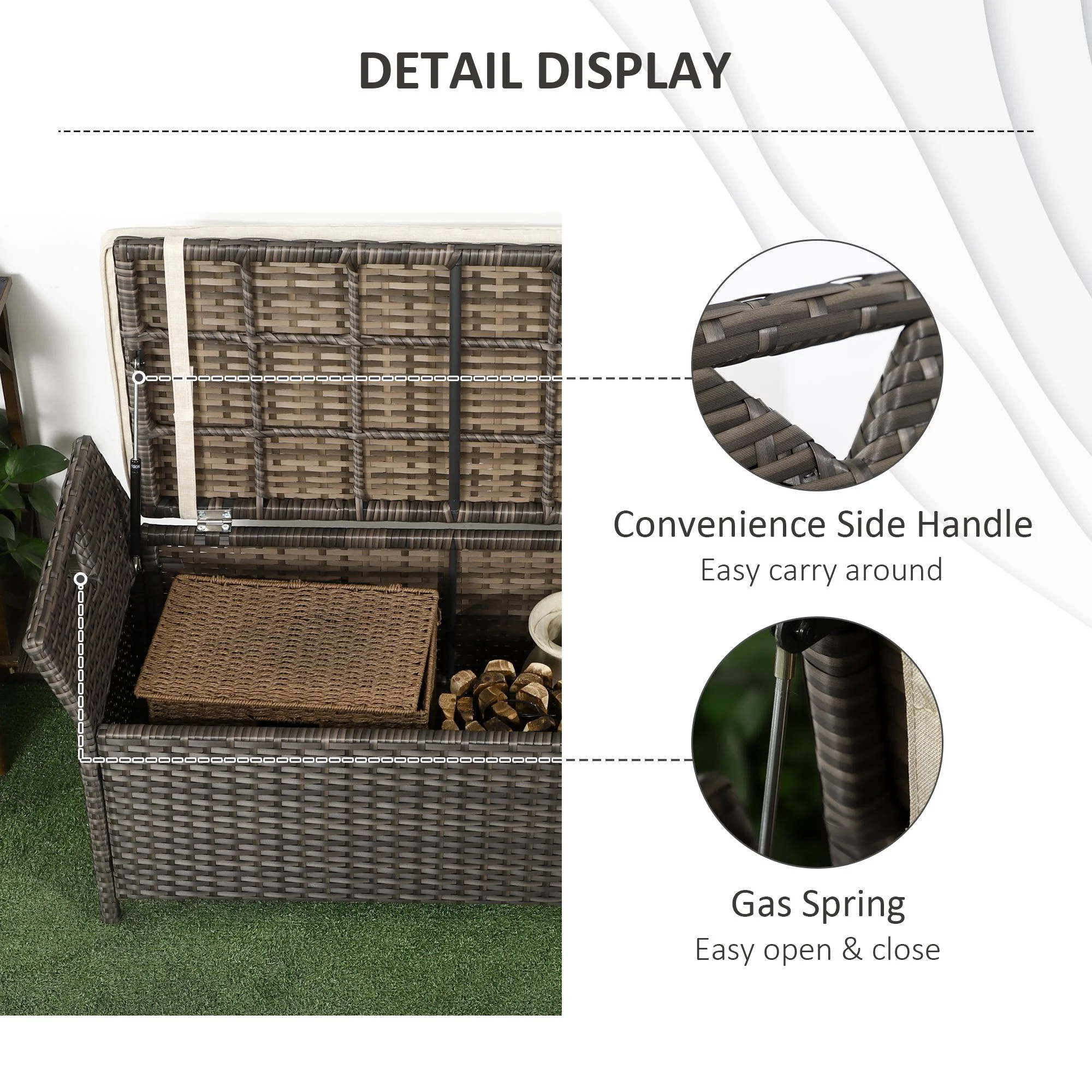 DUOSONG Outsunny 27 Gallon Patio Wicker Storage Bench, Outdoor Pe Rattan Patio Furniture, 2-In-1 Large Capacity Rectangle Garden Storage Box With Handles And Cushion, Cream White Brown+White Steel - Image 2