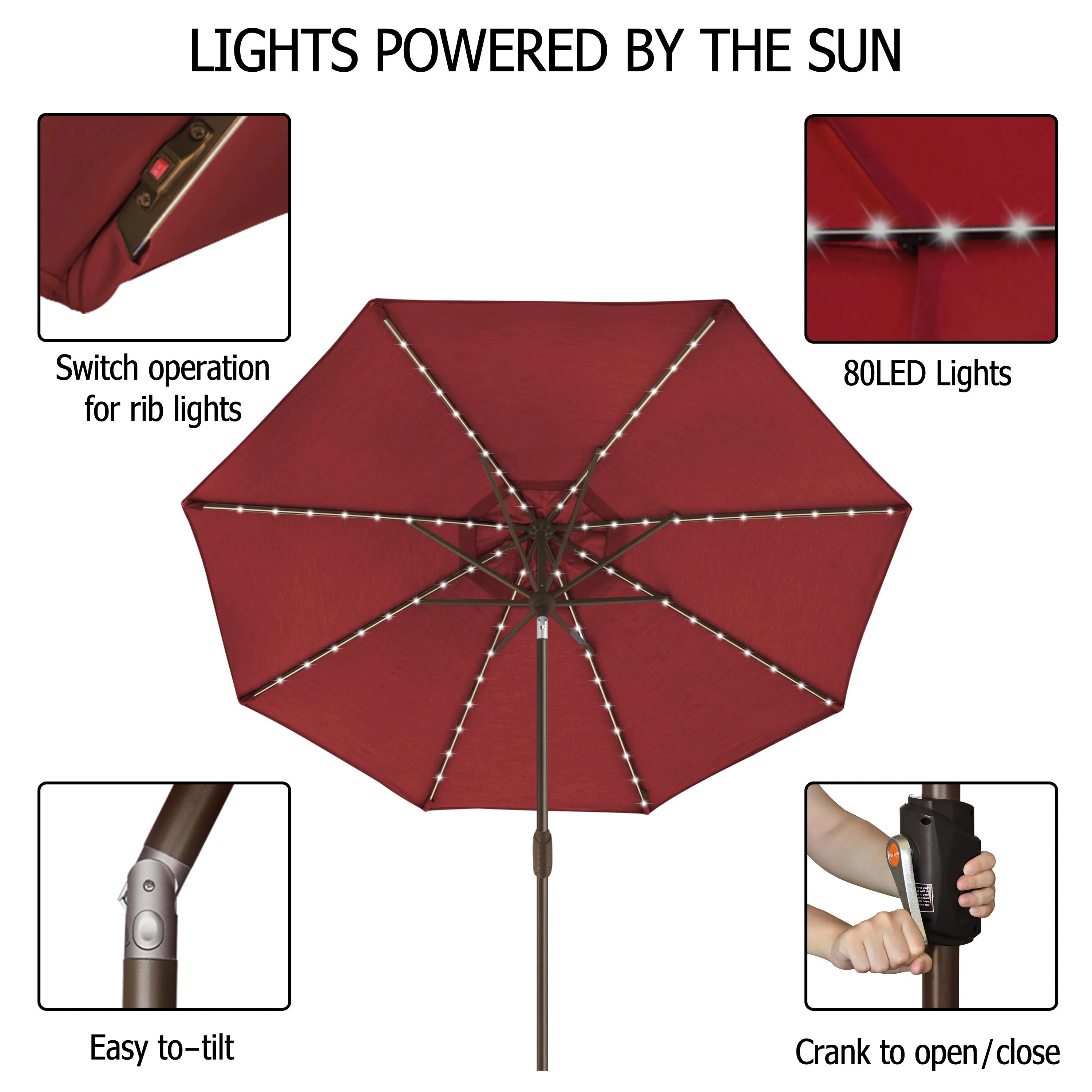 EliteShade Sunbrella Solar Umbrellas 9ft Market Umbrella with 80 LED Lights Patio Umbrellas Outdoor Table Umbrella with Ventilation and 5 Years Non-Fading Top,Ruby - Image 30