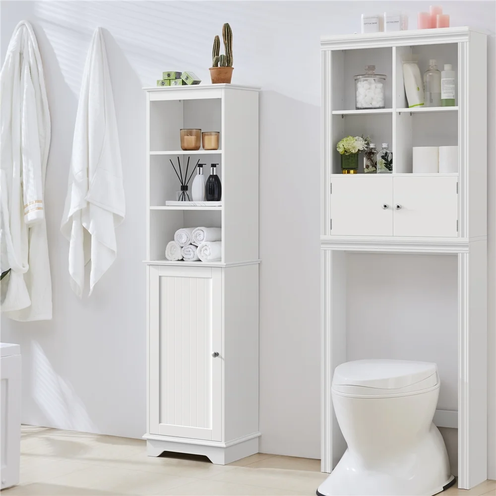 Renwick Tall Slim Storage Cabinet with Single Door and Open Shelves for Home Small Space, White - Image 3