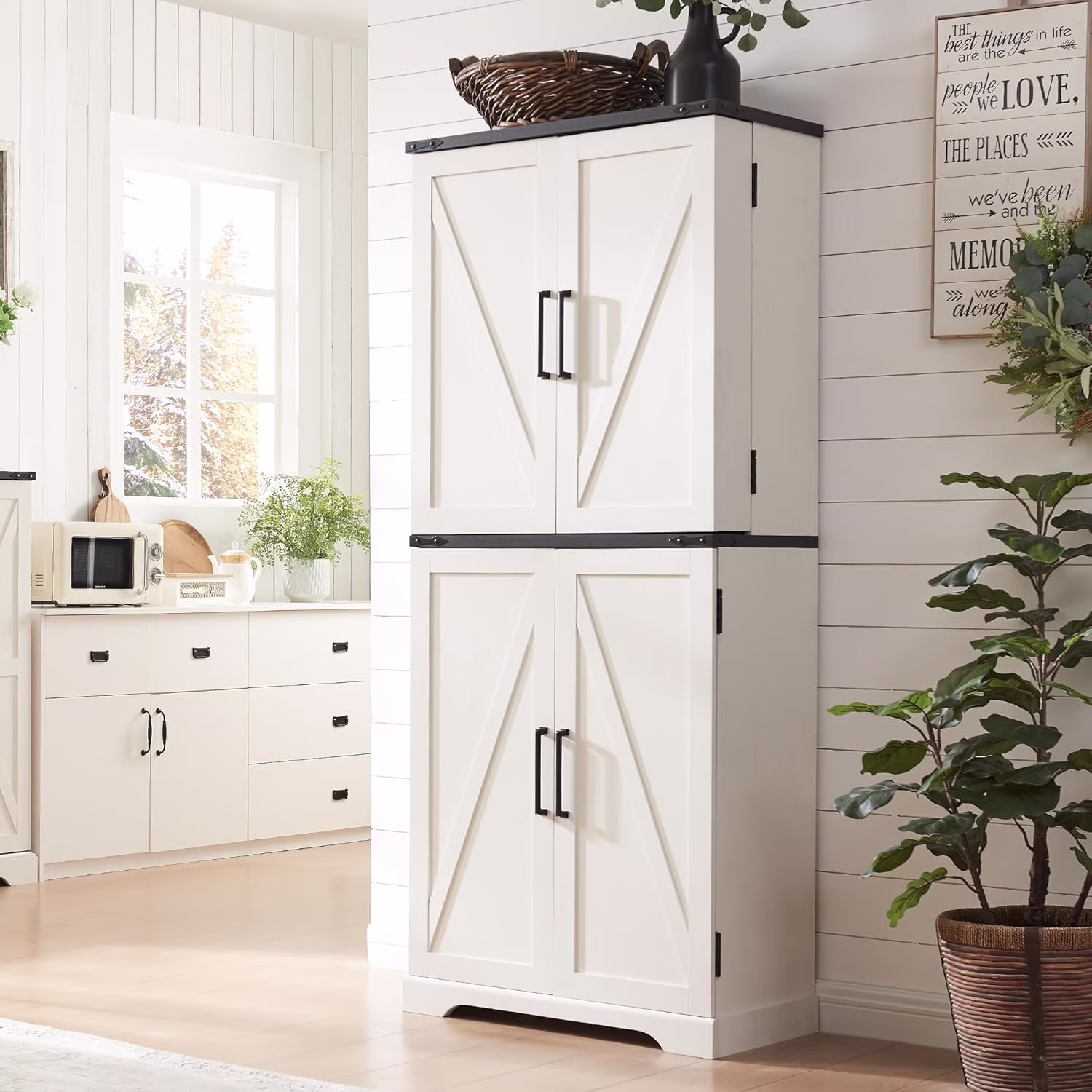 47" Kitchen Pantry, Farmhouse Storage Cabinet with Barn Doors, Organizer and Adjustable Shelves, Rustic Wood Cupboard for Kitchen, Dining Room, Bathroom and Hallway, Black - Image 10