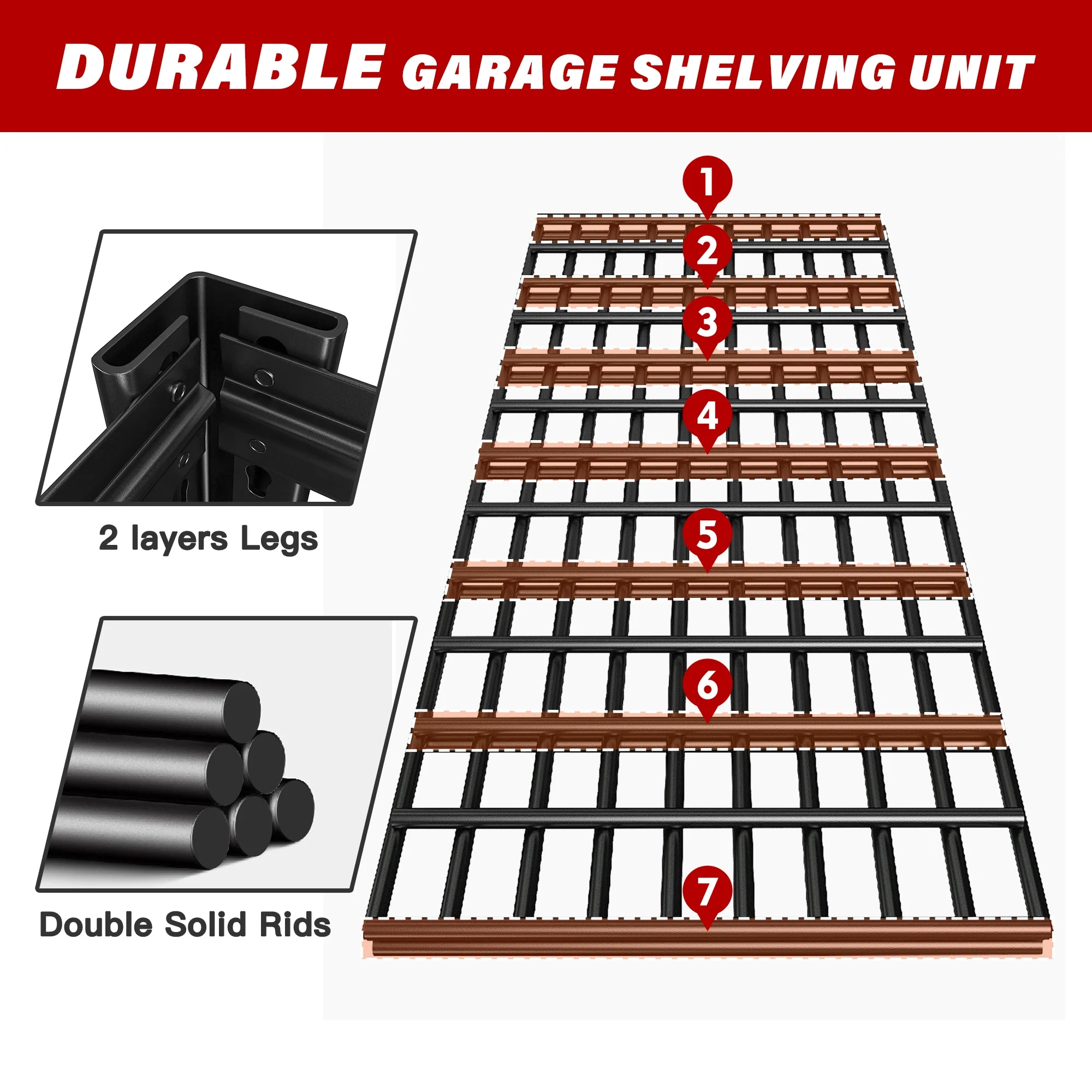 REIBII 48.2"W Garage Shelving Heavy Duty 3000LBS Storage Shelves Adjustable 5 Tier Metal Shelving,48.2''L X 24.5''W X 72''H - Image 9