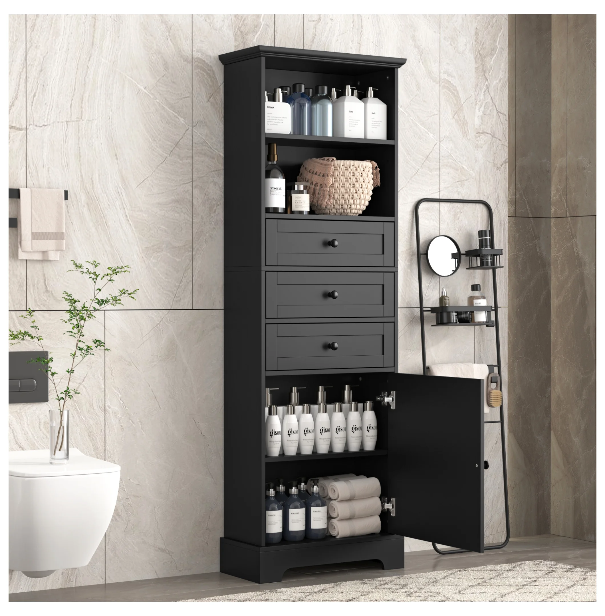 Black Tall Storage Cabinet with 3 Drawers and Adjustable Shelves for Bathroom, Study, Office and Interior, MDF Board with Painted Finish Black + MDF - Image 2