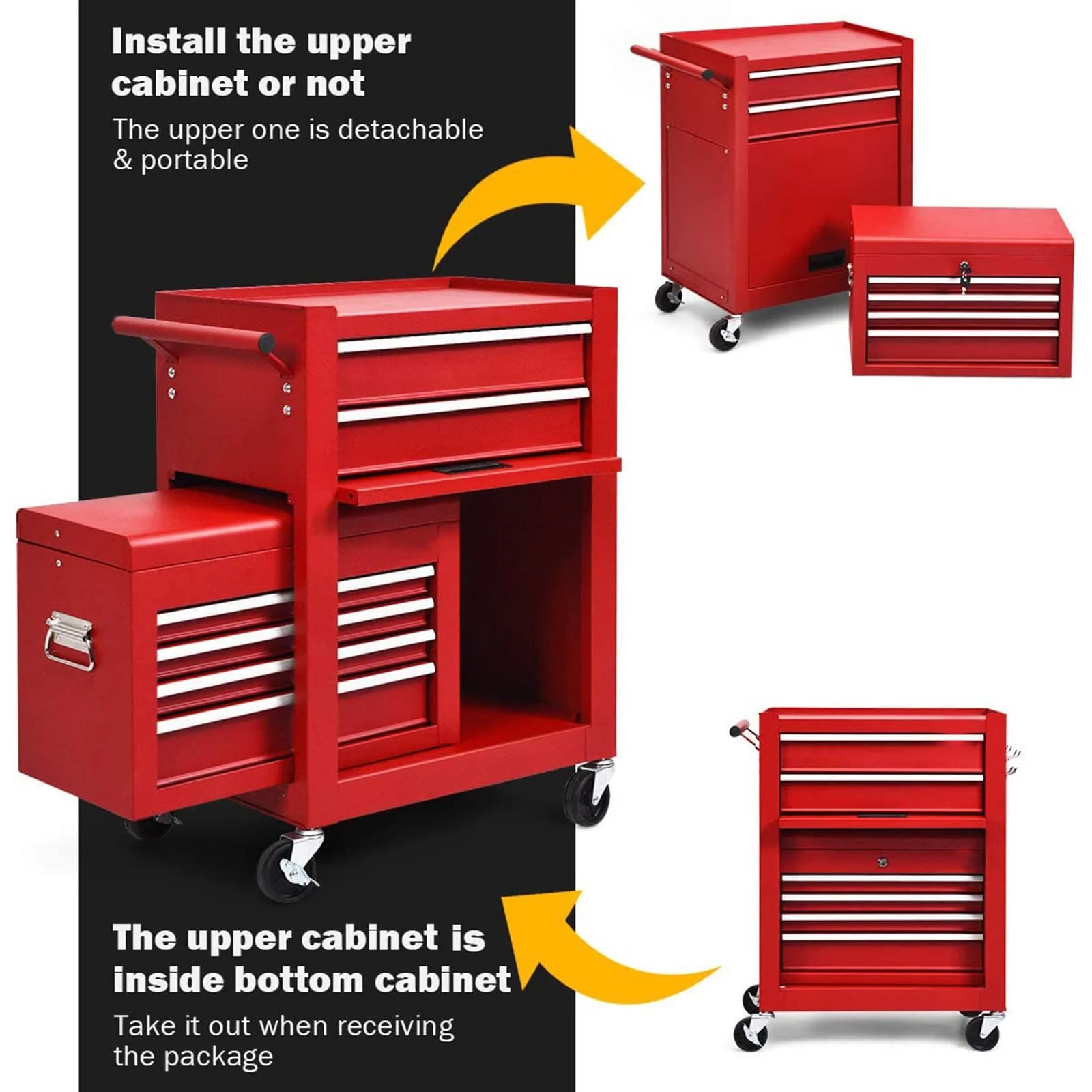 NIGSQJB 3-In-1 Tool Chest on Wheels with 6 Drawers, 52"H Tool Storage Cabinet with Auto Locking System,Detachable Top,Tool Box Organizer for Garage,Workshop,Repair Shop,DIY, Red - Image 4