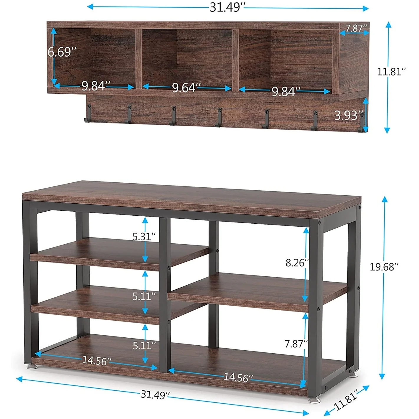 Entryway Coat Rack and Shoe Bench Set, Industrial Hall Tree with Coat and Shoe Storage - Image 17