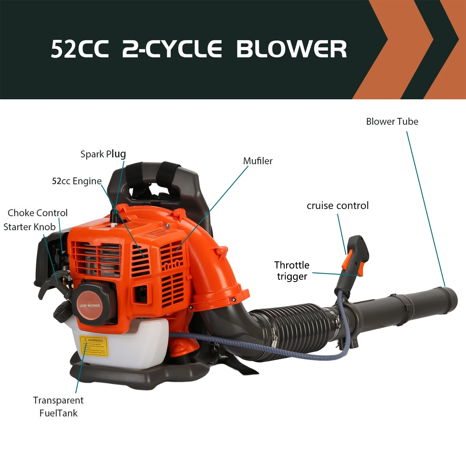 Birinta 1 Set Leaf Blower Backpack Style 52CC Two-stroke 1.25 KW Adjustable Tube Gas Powered Dust Blower Supplies for Garden Patio Cleaning, Lawn Care, Blowing Leaves and Dust - Image 10