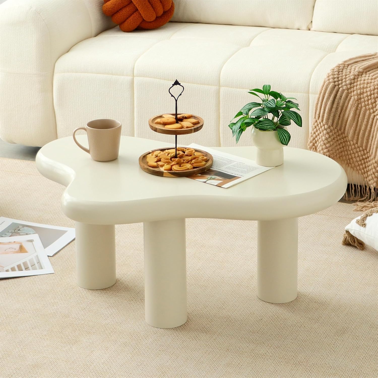 34"(L) Cloud Coffee Table, Modern Wood Coffee Table for Living Room, Accent Center Tables with 3 Legs, Small Tea Tables for Balcony, Patio, Bedroom, Walnut - Image 3