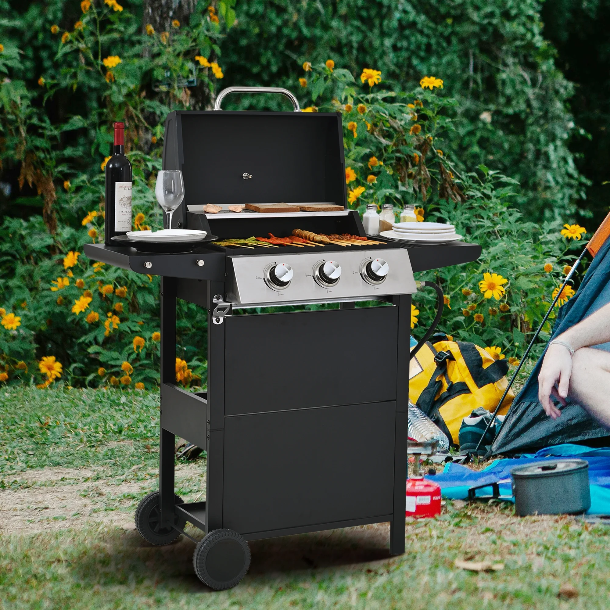 Qiushi 3-Burner Propane Gas Grill, 26,000 BTU Stainless Steel BBQ Grill with 2 Shelves & Thermometer, Outdoor Patio Grill with Electronic Ignition, Wheels & Bottle Opener -M?Durable & Even Heating - Image 6