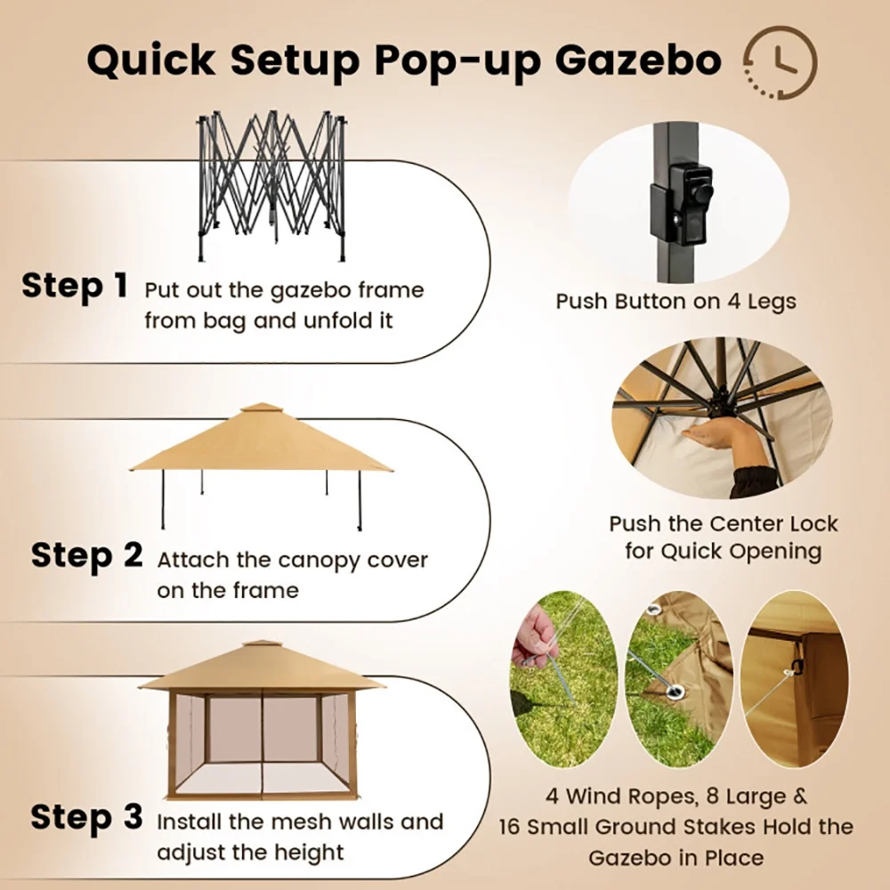 Yardi Yard 13 x 13 Feet Pop-up Instant Canopy Tent with Mesh Sidewall-Coffee, Roof Hardtop Galvanized Steel Top Canopy, Patio Heavy Duty Gazebo for Deck, Backyard - Image 6