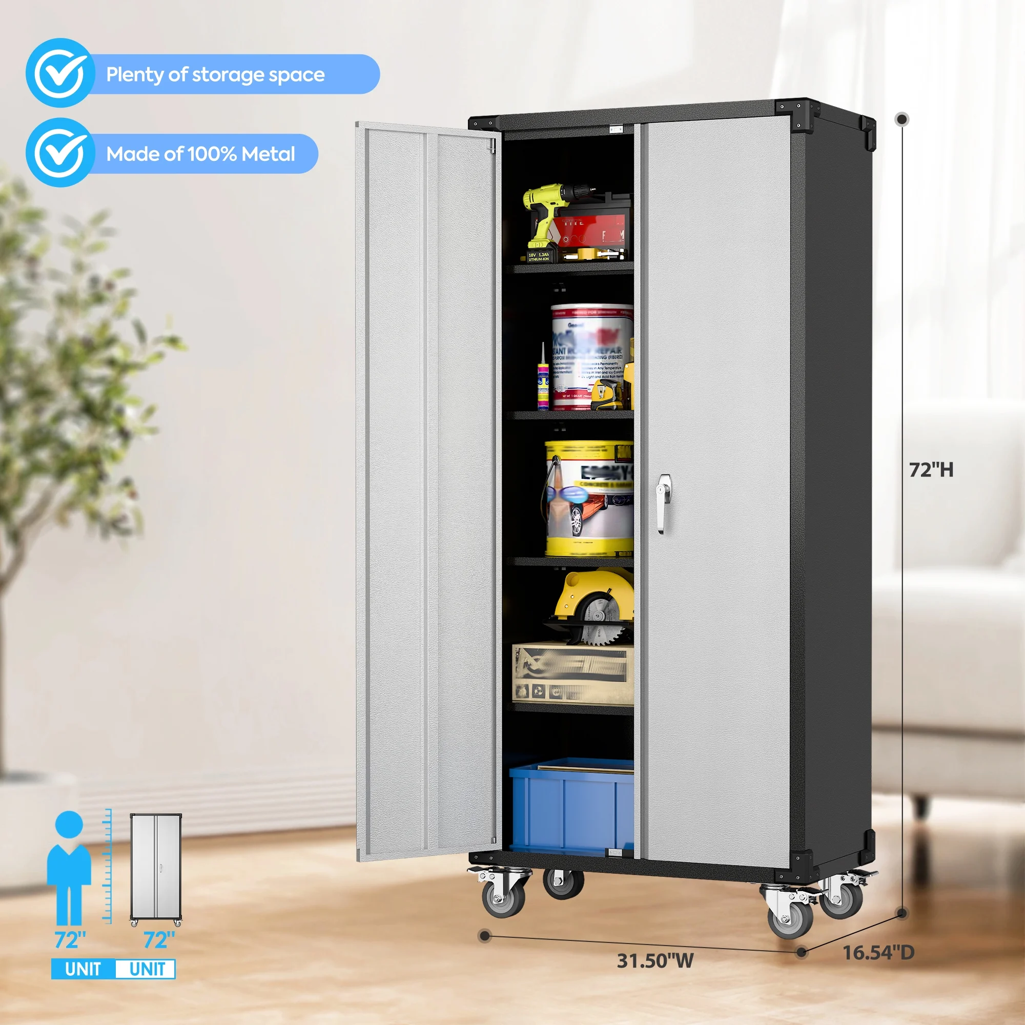 SUPEER 71" Metal Storage Cabinets with Wheels and Pegboards, Industrial Cabinet with 2 Drawers and 2 Adjustable Shelves,, Assembly Required - Image 109