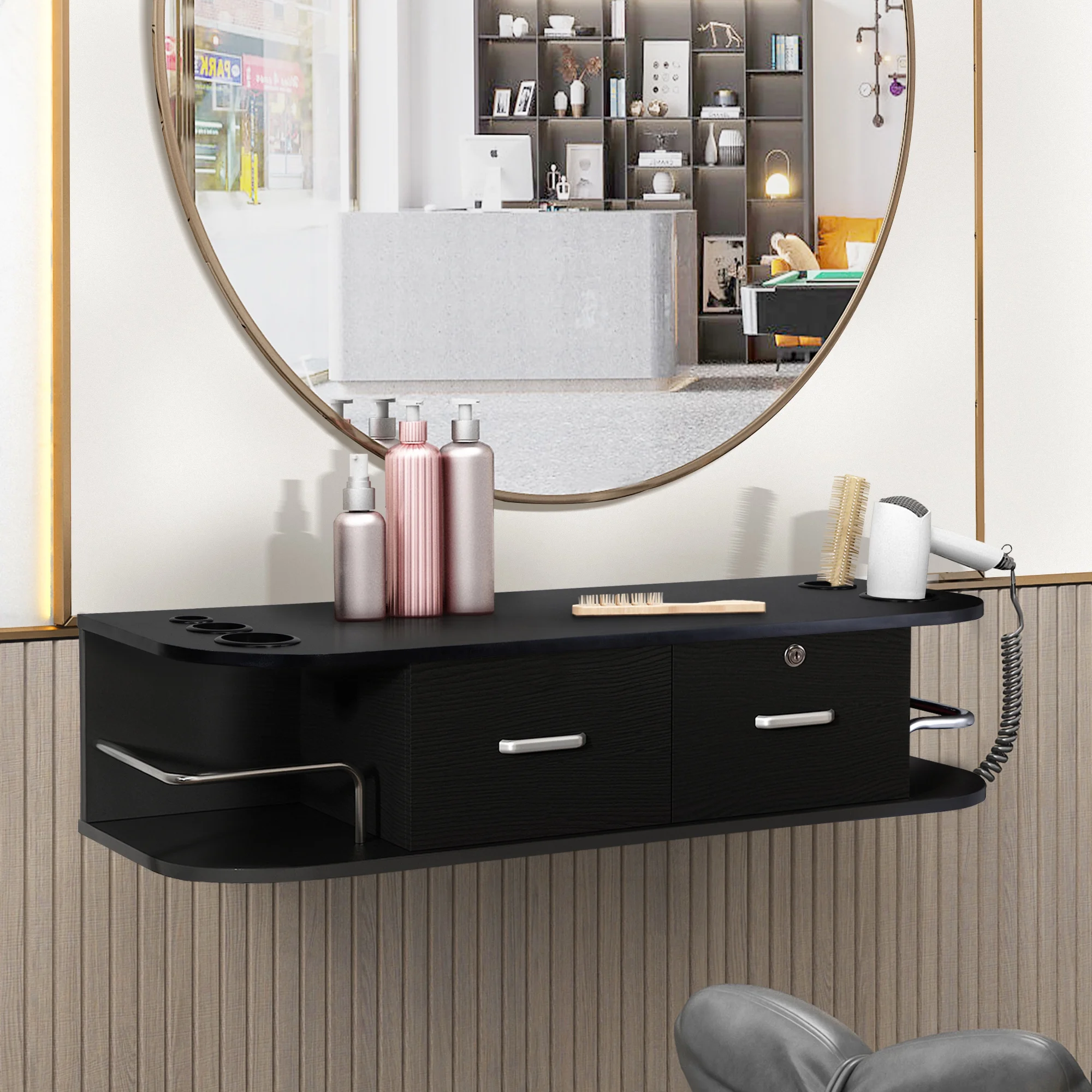 RESHABLE Modern Wall-Mounted Salon Station Barber Cabinet with Locking Drawer Storage Table for Hair Stylist Black - Image 2