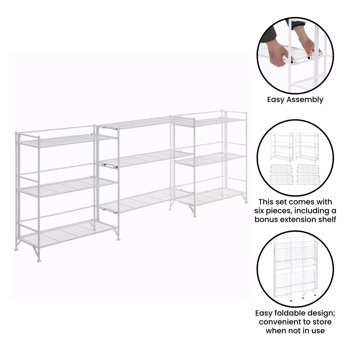Xtra Storage Wide Folding Shelves w/Three Deluxe Extensions in White Metal