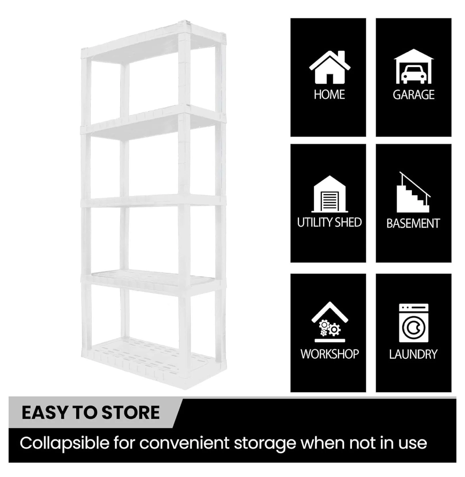 Oskar 5 Tier Plastic Shelves - Bathroom, Kitchen, Garage Storage - Heavy Duty, Stackable, No Tools, White 5-Tier-Small White - Image 5