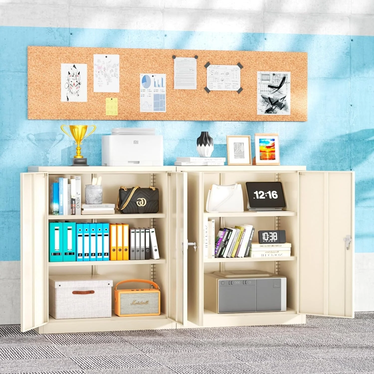 36" Metal Garage Storage Cabinet with 2 Locking Doors and 2 Adjustable Shelves Grey - Image 2