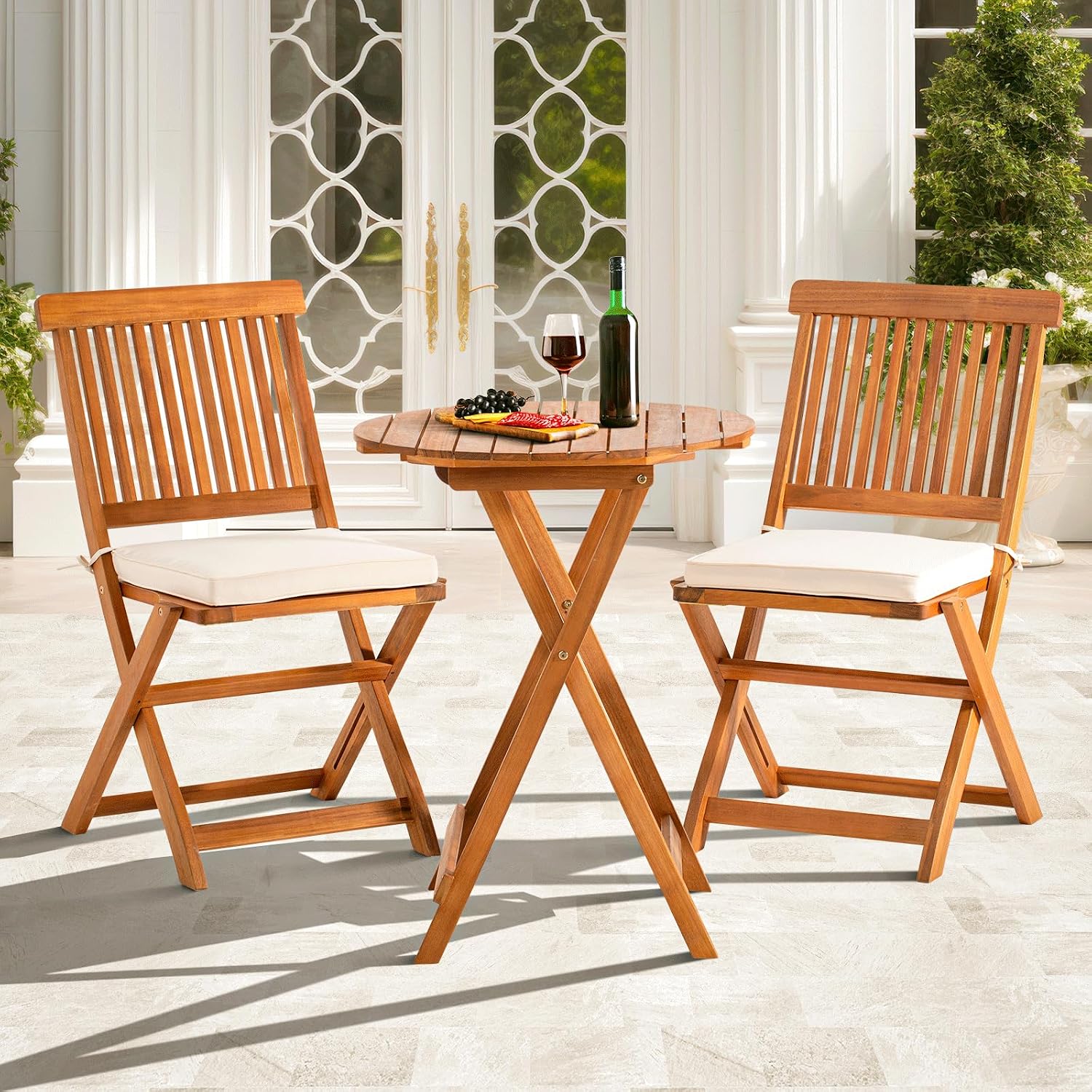 Heavy Duty 400lbs Capacity Patio Bistro Sets, 3 Piece Outdoor Folding Chairs with Cushions and Square Table, FSC-Certified Acacia Wood, Space-Saving Design for Balcony, Garden and Porch - Image 15