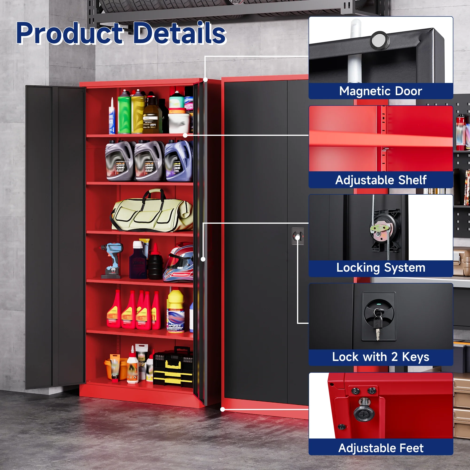 AUHUP 71" Metal Cabinet with 5 Adjustable Shelves, Garage Storage Cabinets with Locking Doors,Tool Storage Cabinet for Home Office,Warehouse,Workshop(Red Black) - Image 7