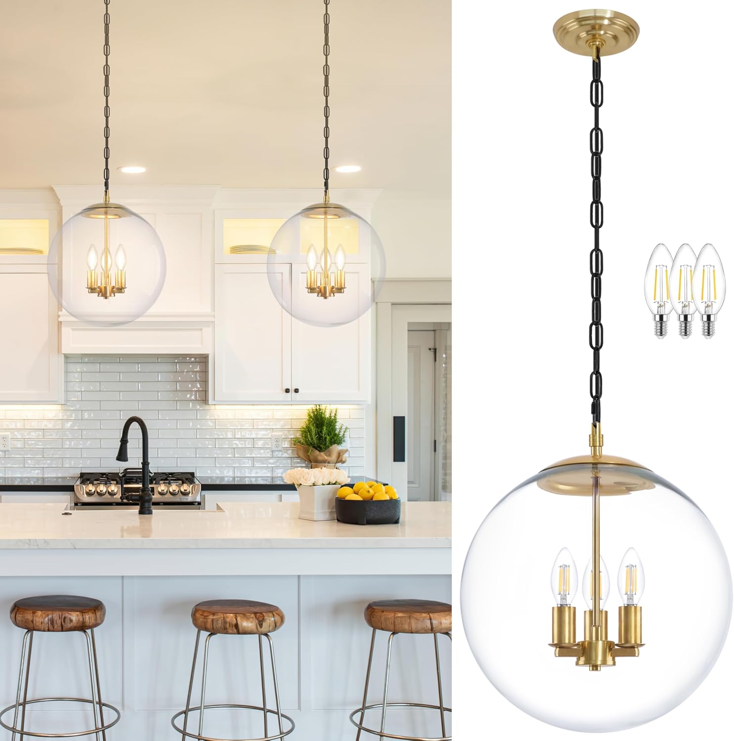 14" Gold Globe Pendant Light, Mid Century Pendant Light, Clear Glass Pendant Lights, Kitchen Island Adjustable Hanging Light Fixture for Dining Room, Bedroom, Kitchen Island - Image 17