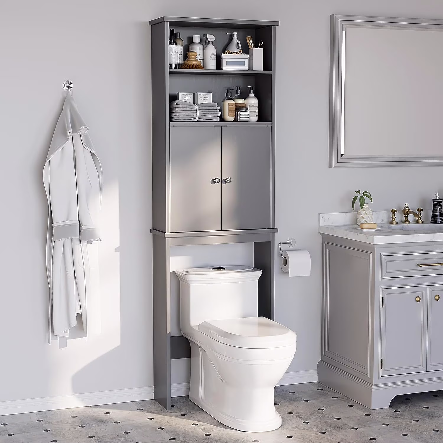 Sobaniilo Over The Toilet Storage Cabinet for Bathroom, Storage Organizer Over Toilet, Space Saver W/Adjustable Shelf & Open Storage Shelf, 75in, White - Image 3