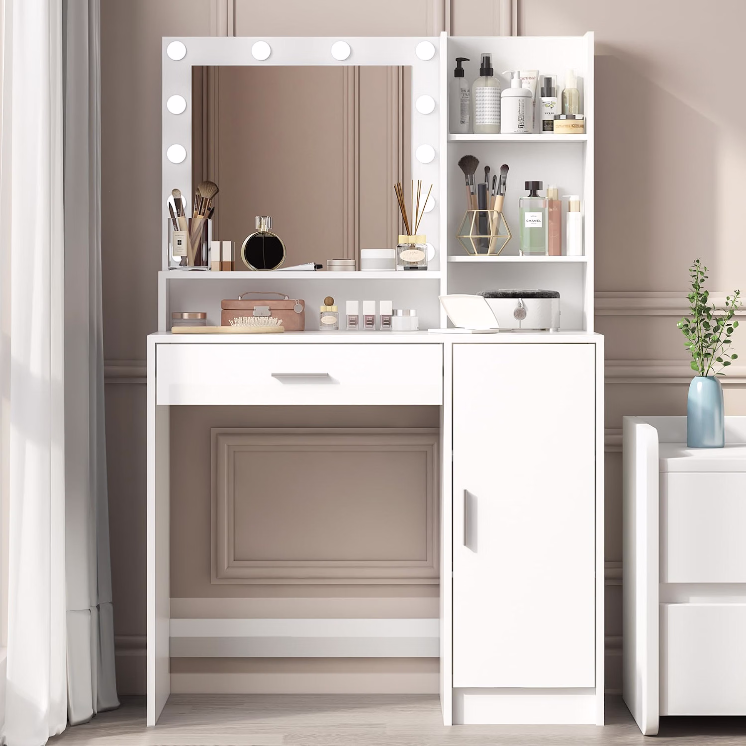 Vanity Desk with Mirror & Light, Large Drawer Three Level Storage Dresser, 3 Lighting Modes Adjustable Brightness, Bedroom Dressing Table - Image 3