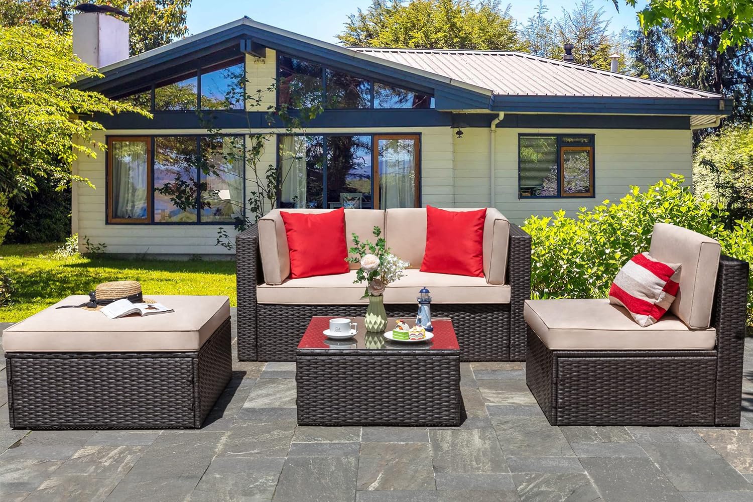 5-Piece All-Weather Patio Furniture Set with Ottoman, Outdoor Wicker Conversation Sofa Set with Cushions for Garden, Deck & Backyard - Image 12