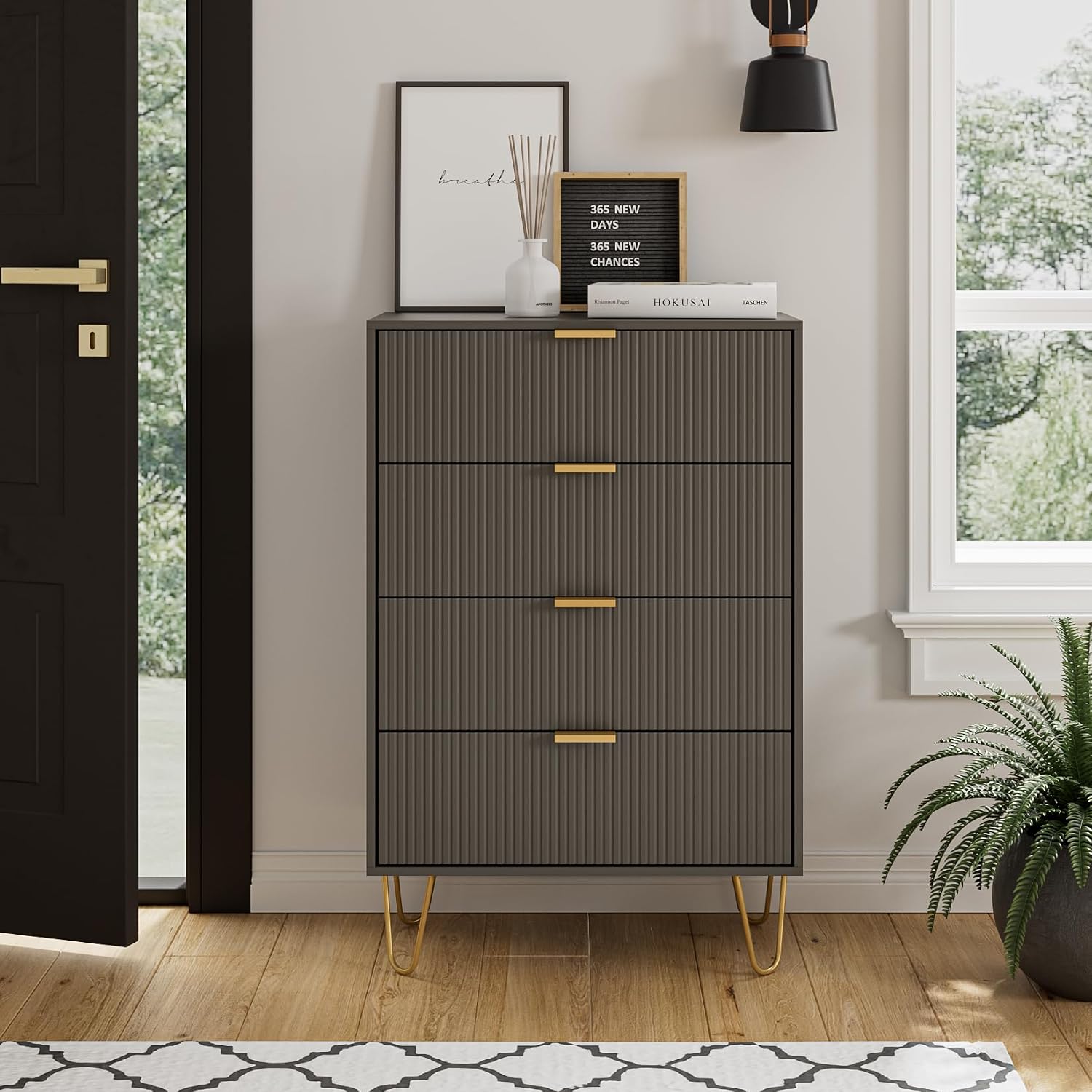 4 Drawer Dresser, Drawer Chest, Tall Storage Chest Cabinet Organizer Unit with Metal Legs, Small Dresser for Bedroom, Living Room, Closet, Hallway Black Stripe - Image 2