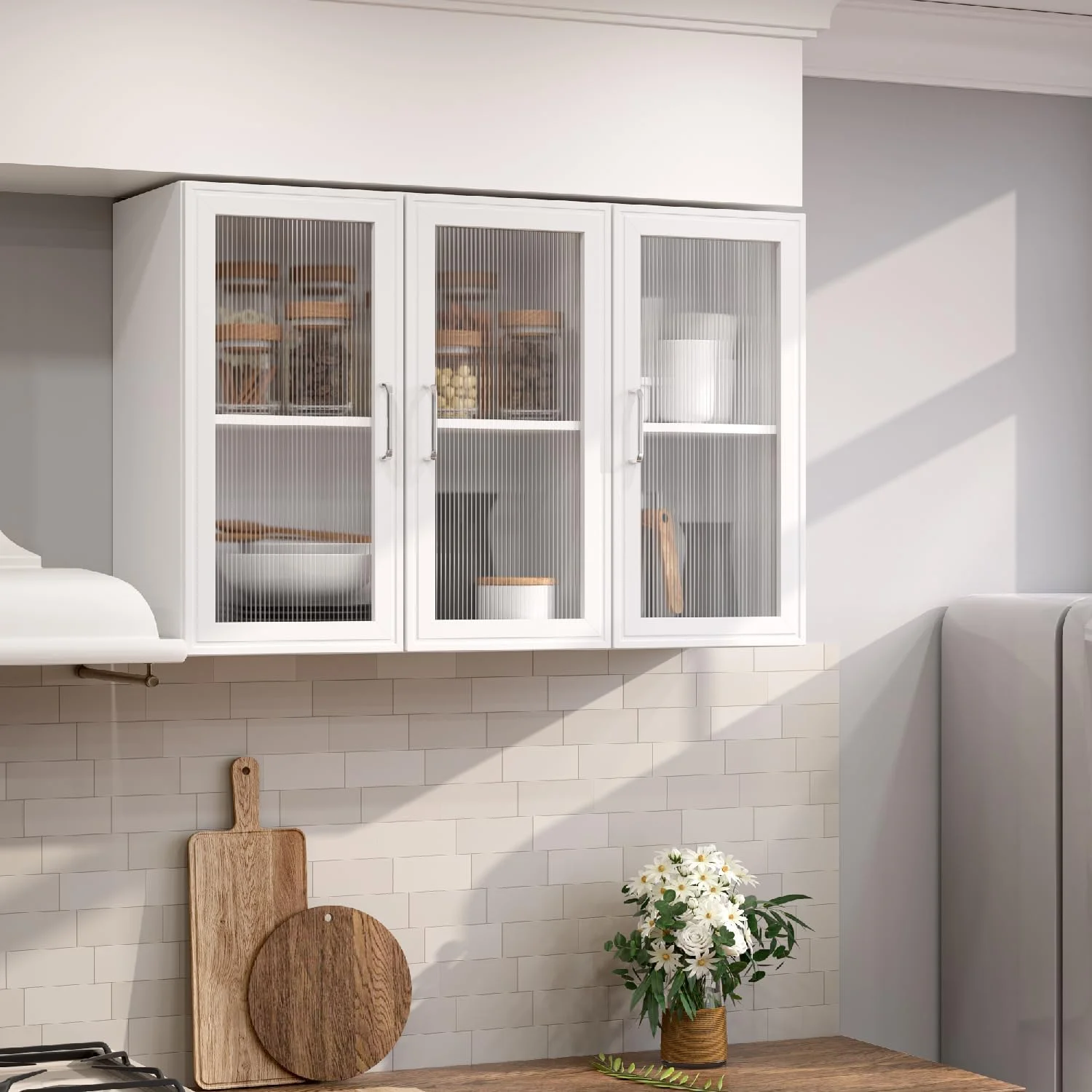 Wall Storage Cabinets - Led Upper Kitchen Laundry Wall Mounted Cabinets with Acrylic Glass 3 Doors and Shelves, 36'Wide - Image 4