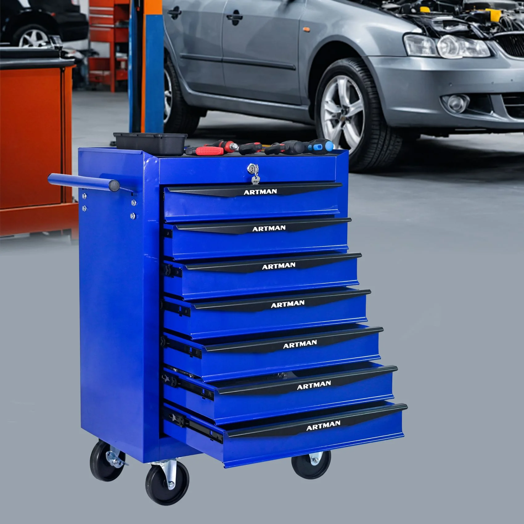 FARONZE Rolling Metal Tool Chest with 7 Drawers, 20" Steel Storage Cabinet with Ball Bearing Slides, Black and Blue Finish - Image 12