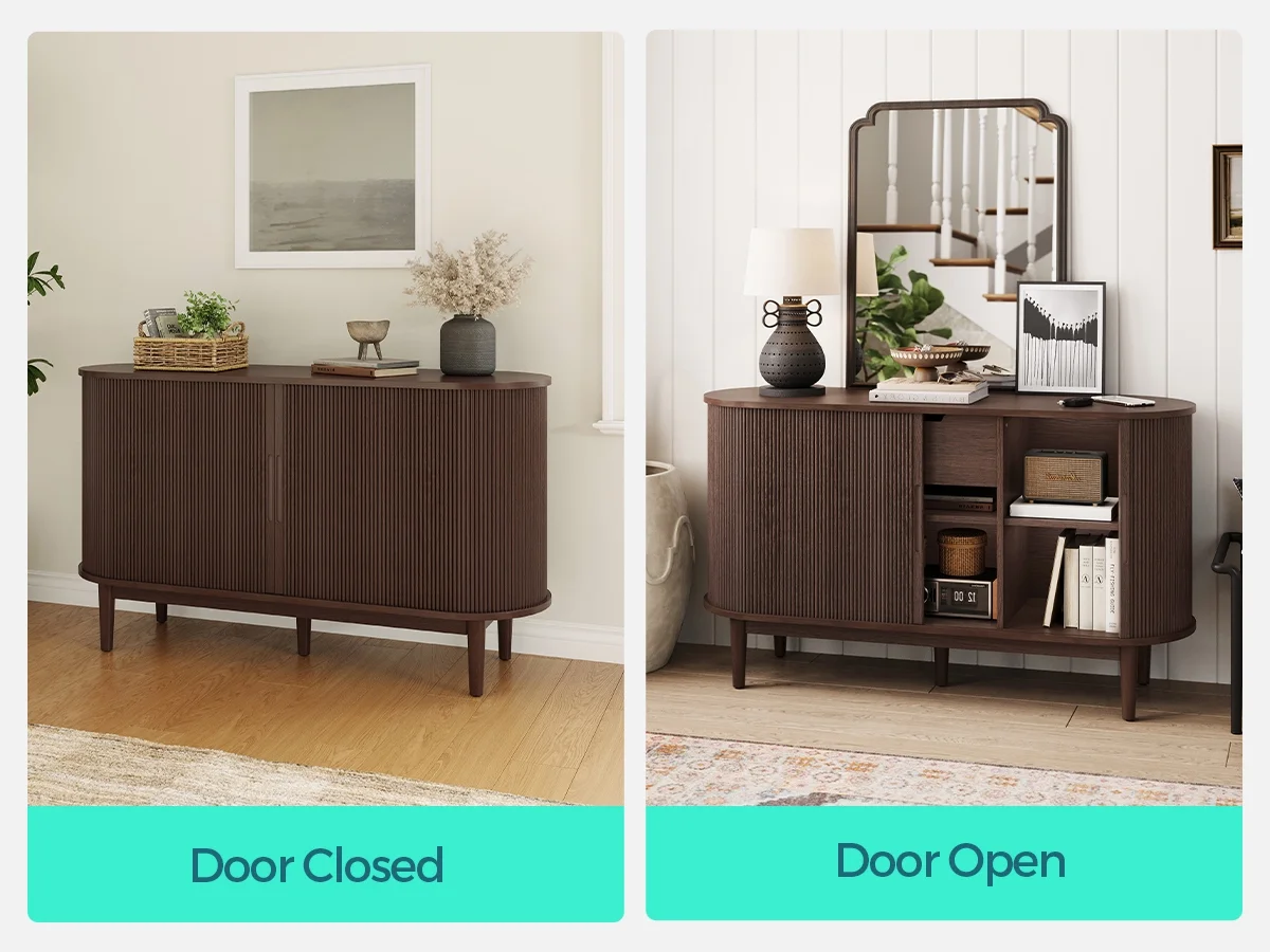 LINSY HOME Fluted Pantry Storage Cabinet, Kitchen Cabinets with Sliding Tambour Door, Wide Storage Cabinet with Removable & Adjustable Shelves for Dining Room, Living Room, Bathroom, Oak - Image 12