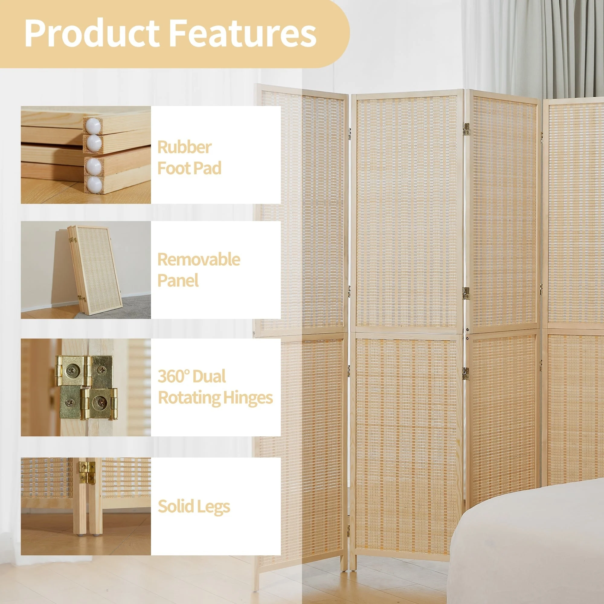 4-Panel Bamboo Folding Partition Screen 6FT Detachable Room Divider - Image 11