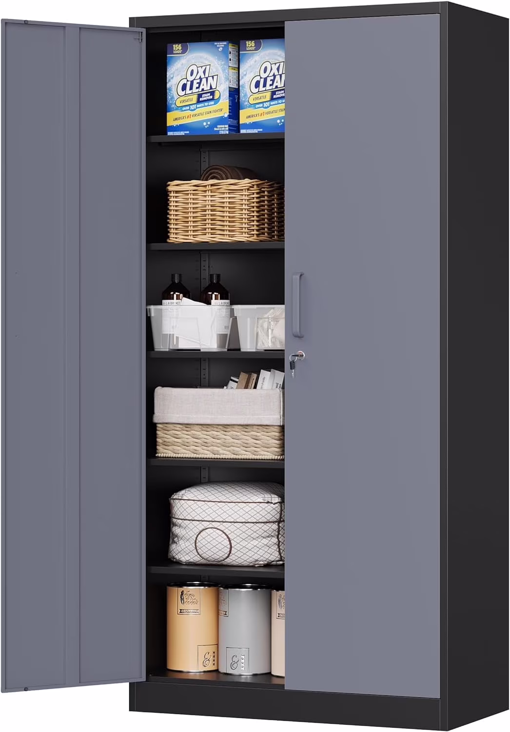 MIIIKO Metal Storage Cabinet with Locking Doors, Black Garage Lockable Steel Cabinets with 4 Doors and 5 Shelves for Home, Garage, Pantry Workshop Warehouse - Image 11