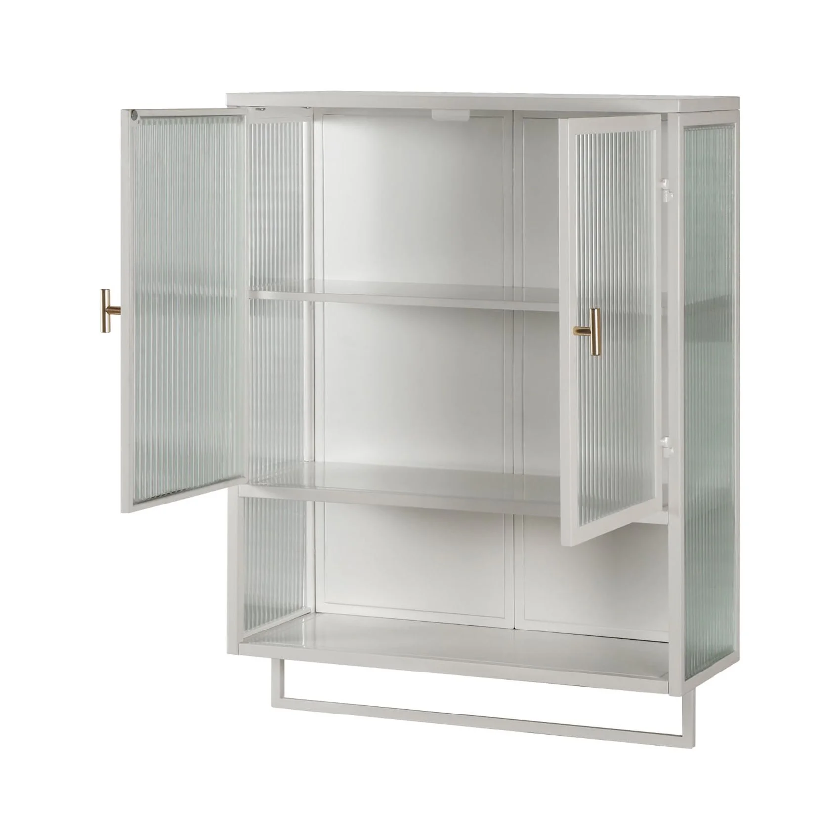 Two-door Wall Cabinet, Modern Kitchen Wall Mounted Cabinet with 2 Glass Doors, Two-tier Enclosed Storage, an Open Shelf, Towel Rack, Metal Wall Cabinet for Entryway, Living Room, Bathroom, White - Image 7