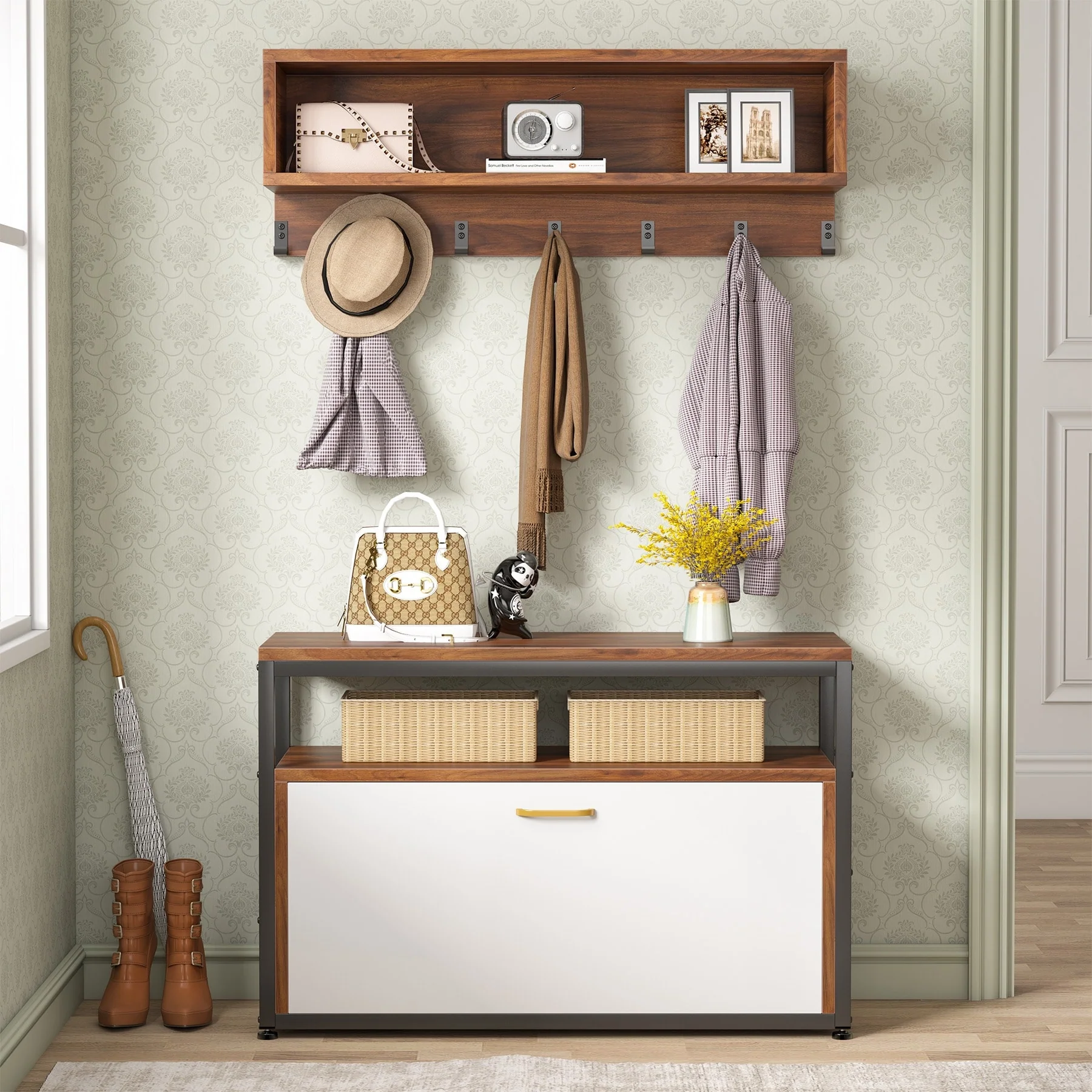 Entryway Coat Rack and Shoe Bench Set, Industrial Hall Tree with Coat and Shoe Storage - Image 6