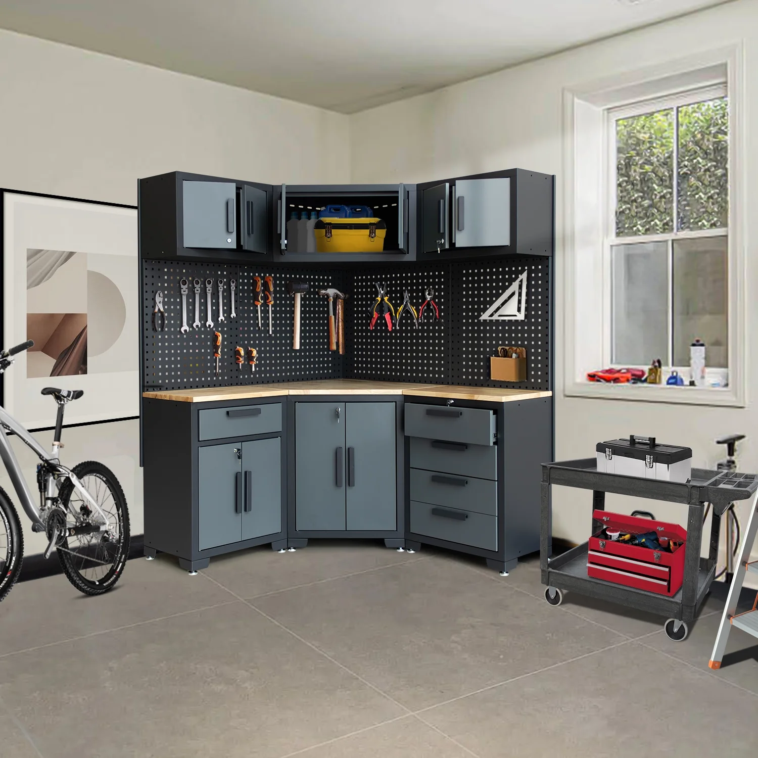 HPDMC Garage Storage Cabinet System 7-Pcs Workshop Set Metal Garage Cabinets System with Steel Cabinet Drawers, Workbench, Pegboard for Garage Tool Organization - Image 13