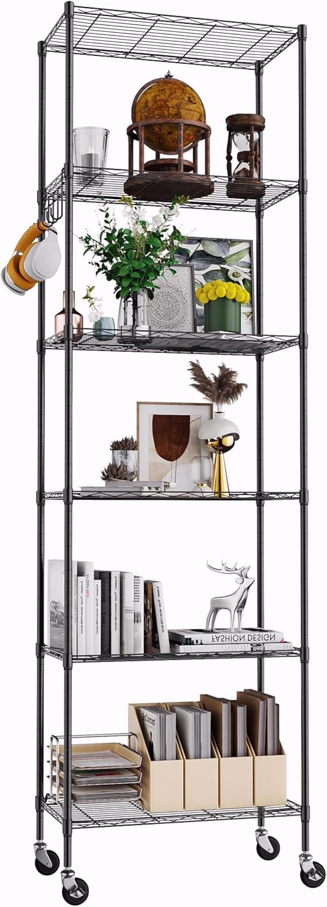 5-Tier Storage Shelf Wire Shelving Unit on Wheels, Adjustable Heavy Duty Metal Shelves with Side Hooks, Steel Rack Organization for Kitchen Garage Basement, Silver - Image 3