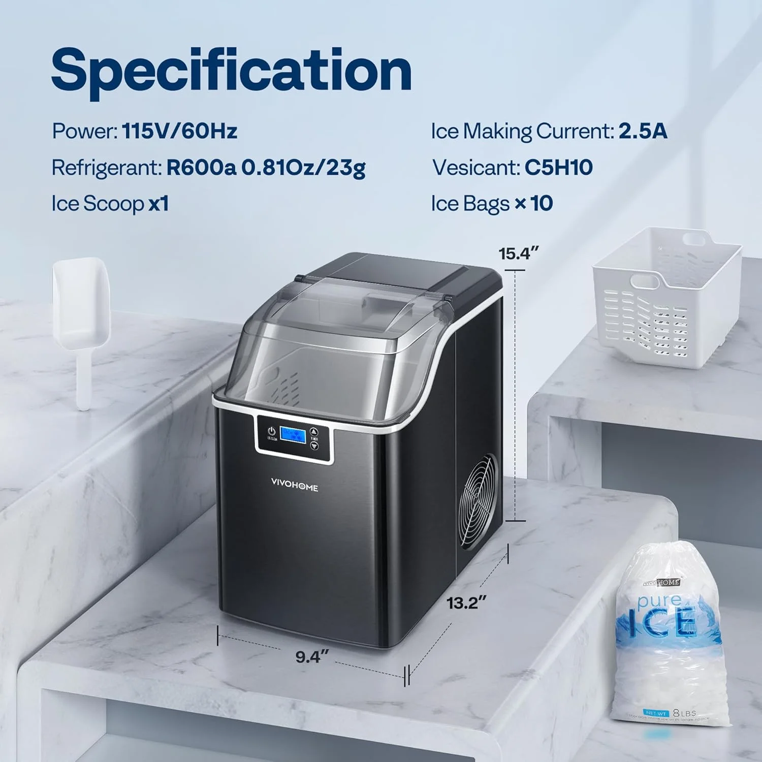 SPECSTAR Nugget Ice Maker Machine, Countertop Ice Maker with Hand Scoop 10 Ice Bags and Self Cleaning Function 44lbs/Day, Silver - Image 13