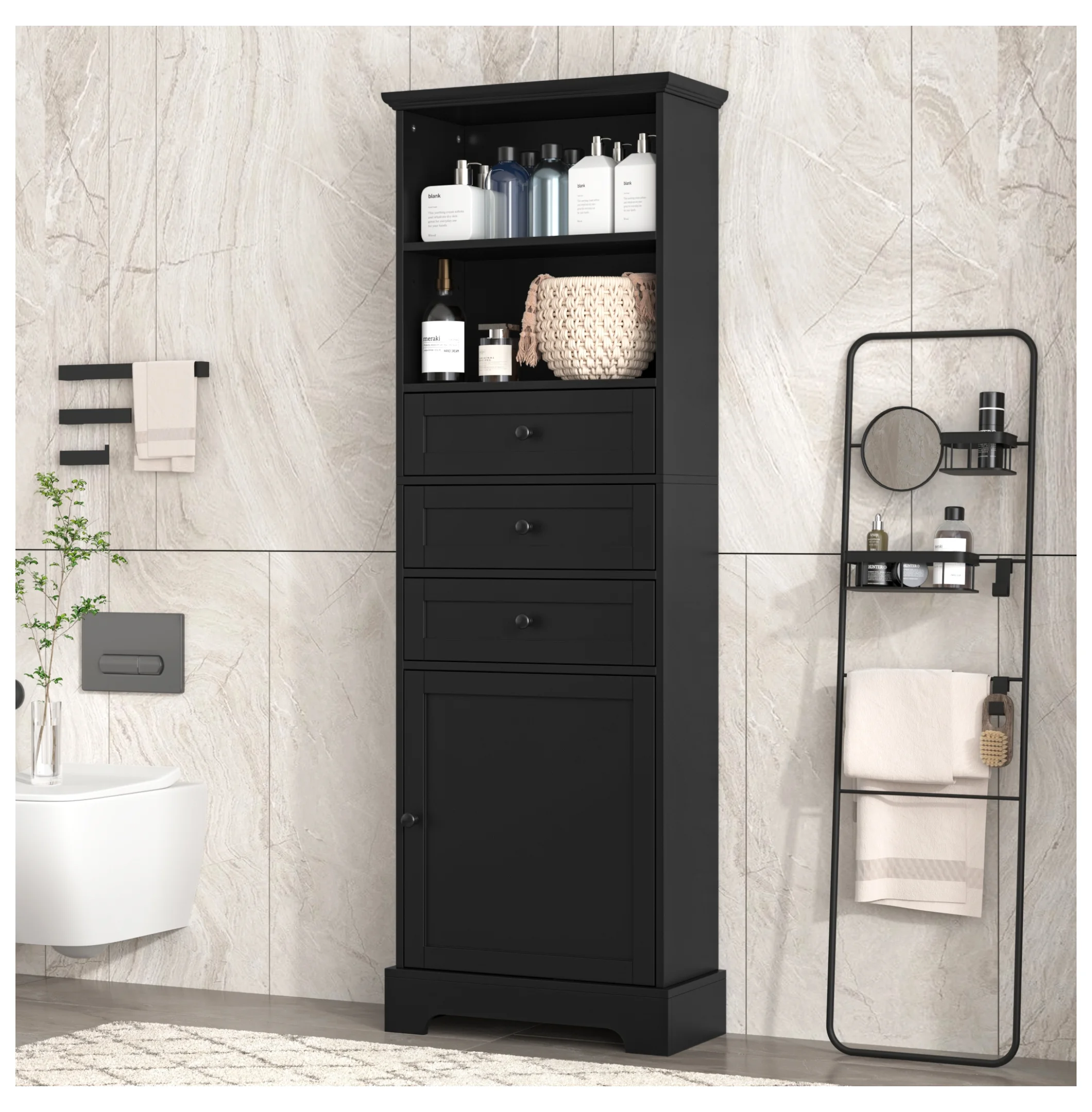 Black Tall Storage Cabinet with 3 Drawers and Adjustable Shelves for Bathroom, Study, Office and Interior, MDF Board with Painted Finish Black + MDF - Image 3