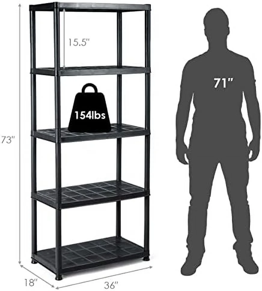 5 Tier Plastic Storage Shelves, Easy to Assemble Garage Rack, Multi-Use Free Standing Shelf Unit, Heavy Duty Shelving for Home Office, Black(2, 36-L X 18-W X 73-H) - Image 3