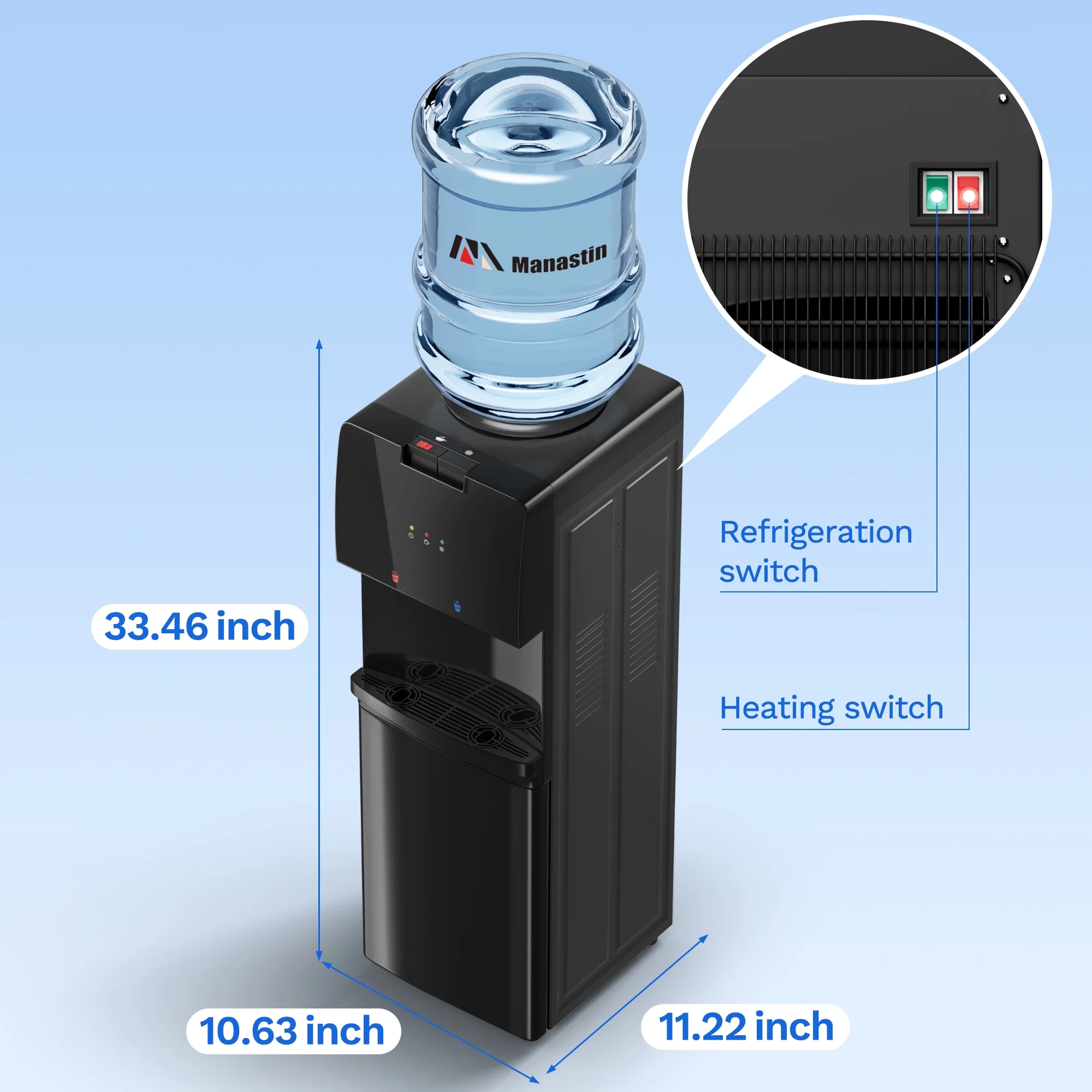 Manastin Top Loading Water Dispenser - Hot and Cold Water, Child Lock, Removable Water Tray, Extra Storage, Black - Image 7